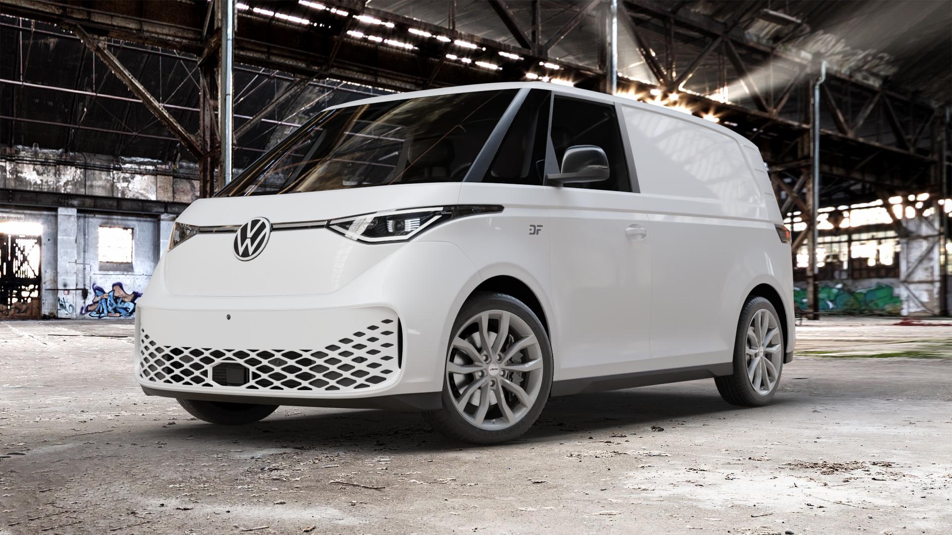 AUTEC Uteca Titansilber Felge mit Reifen grau anthrazit metallic in 20Zoll Winterfelge Alufelge auf weissem Volkswagen (VW) ID. Buzz Cargo kurzer Radstand langer ⬇️ mit 15mm Tieferlegung ⬇️ Old Industrial Hall_max_5300mm_2024 Frontansicht_1