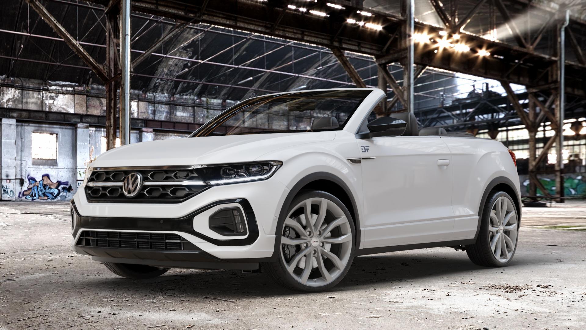 AUTEC Uteca Titansilber Felge mit Reifen grau anthrazit metallic in 20Zoll Winterfelge Alufelge auf weissem Volkswagen (VW) T-Roc Cabrio Facelift ⬇️ mit 15mm Tieferlegung ⬇️ Old Industrial Hall_max_4400mm_2024 Frontansicht_1