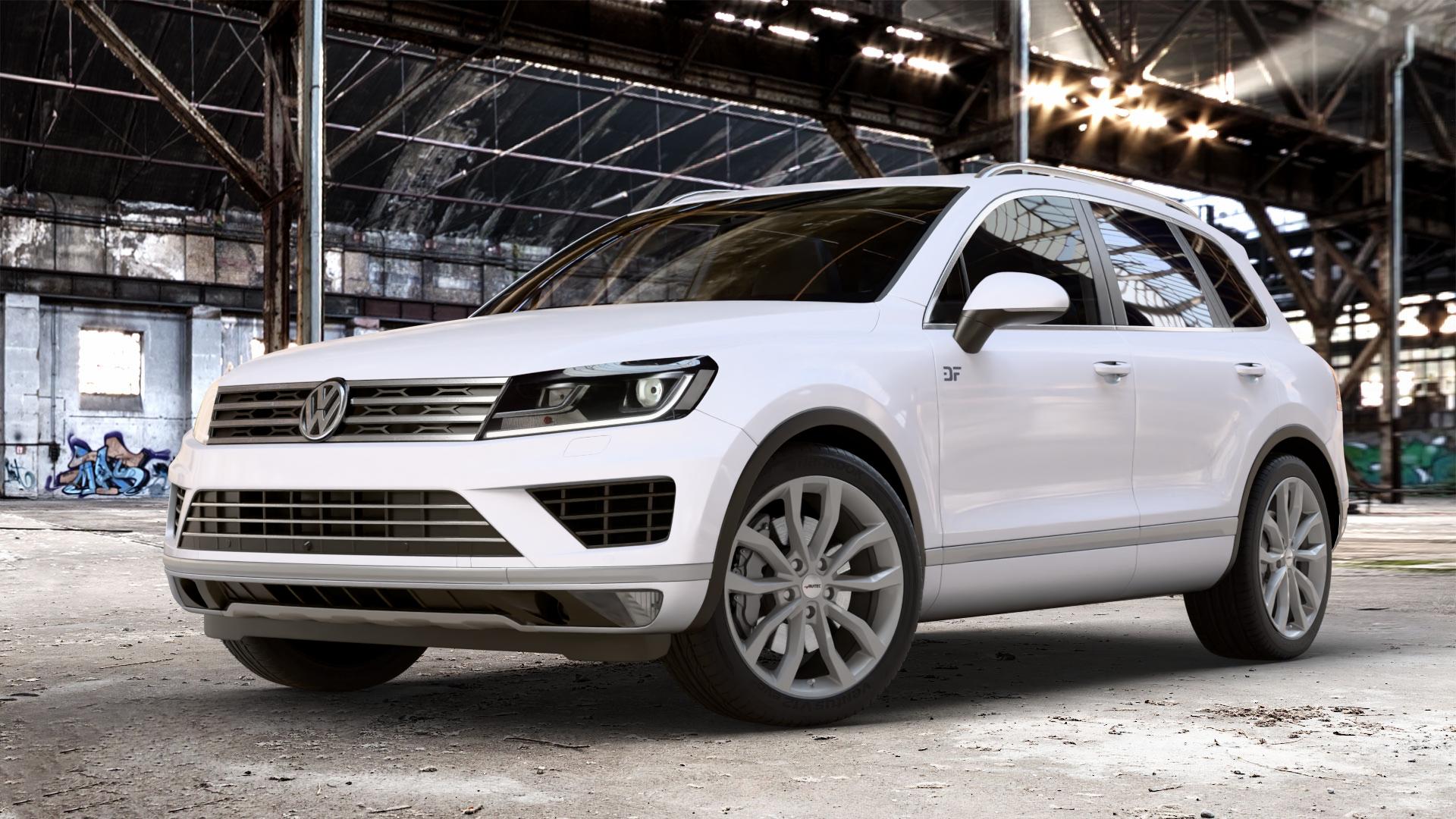 AUTEC Uteca Titansilber Felge mit Reifen grau anthrazit metallic in 20Zoll Winterfelge Alufelge auf weissem Volkswagen (VW) Touareg II Typ 7P Facelift ⬇️ mit 15mm Tieferlegung ⬇️ Old Industrial Hall_max_4400mm_2024 Frontansicht_1