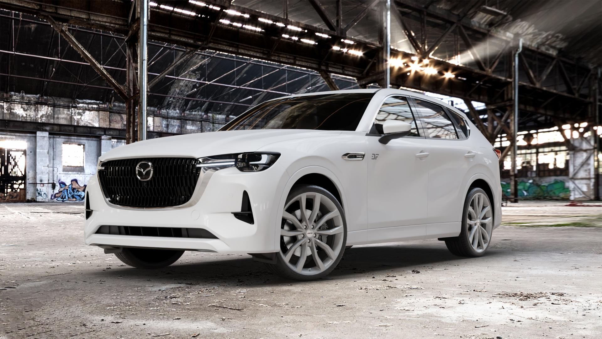 AUTEC Uteca Titansilber Felge mit Reifen grau anthrazit metallic in 22Zoll Winterfelge Alufelge auf weissem Mazda CX-60 Typ KH01 ⬇️ mit 15mm Tieferlegung ⬇️ Old Industrial Hall_max_5300mm_2024 Frontansicht_1