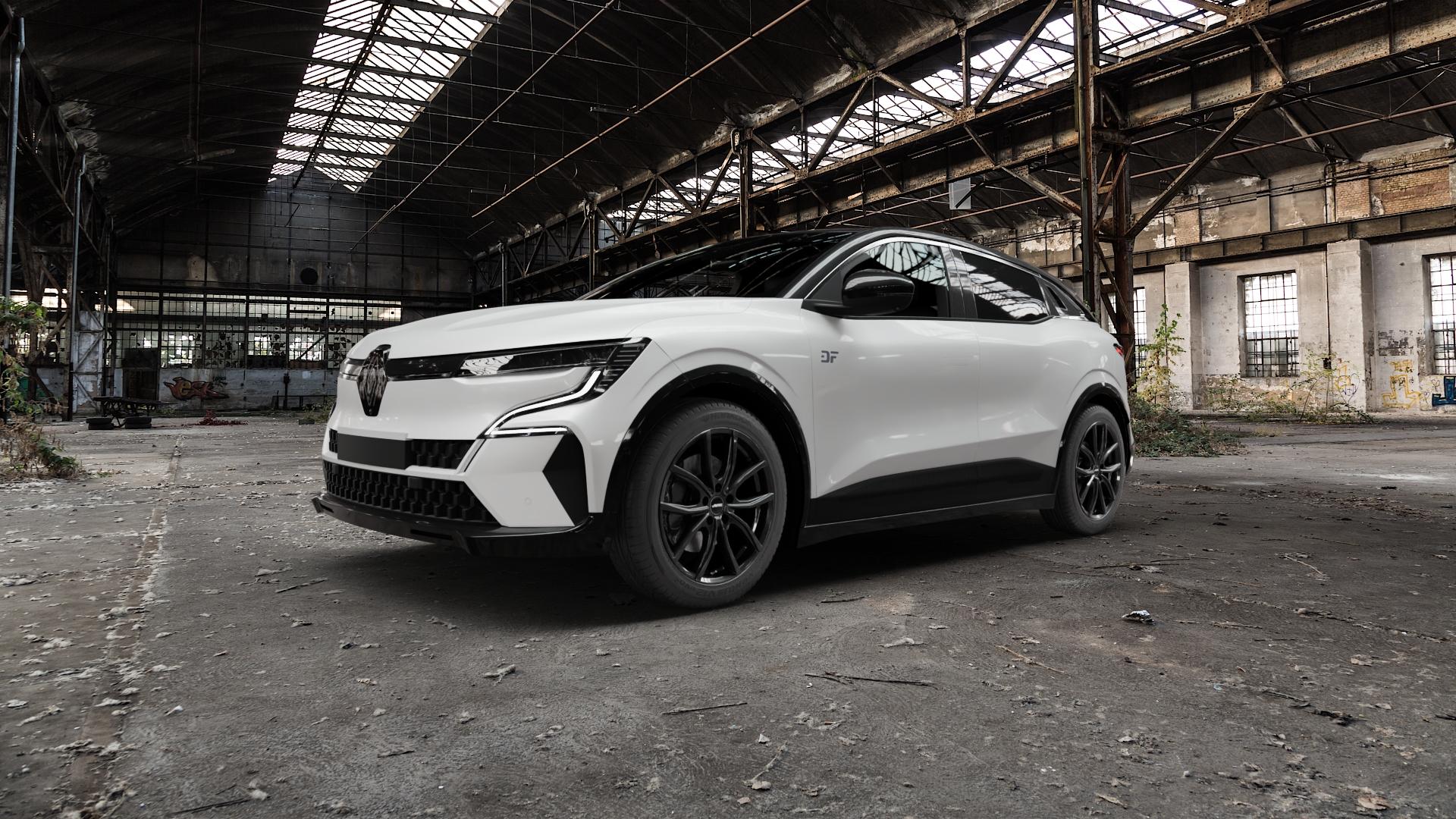 AUTEC Vidron Schwarz Felge mit Reifen in 18Zoll Winterfelge Alufelge auf weissem Renault Megane V E-Tech Typ RCB ⬇️ mit 15mm Tieferlegung ⬇️ Old Industrial Hall_max5000mm_2022 Frontansicht_1