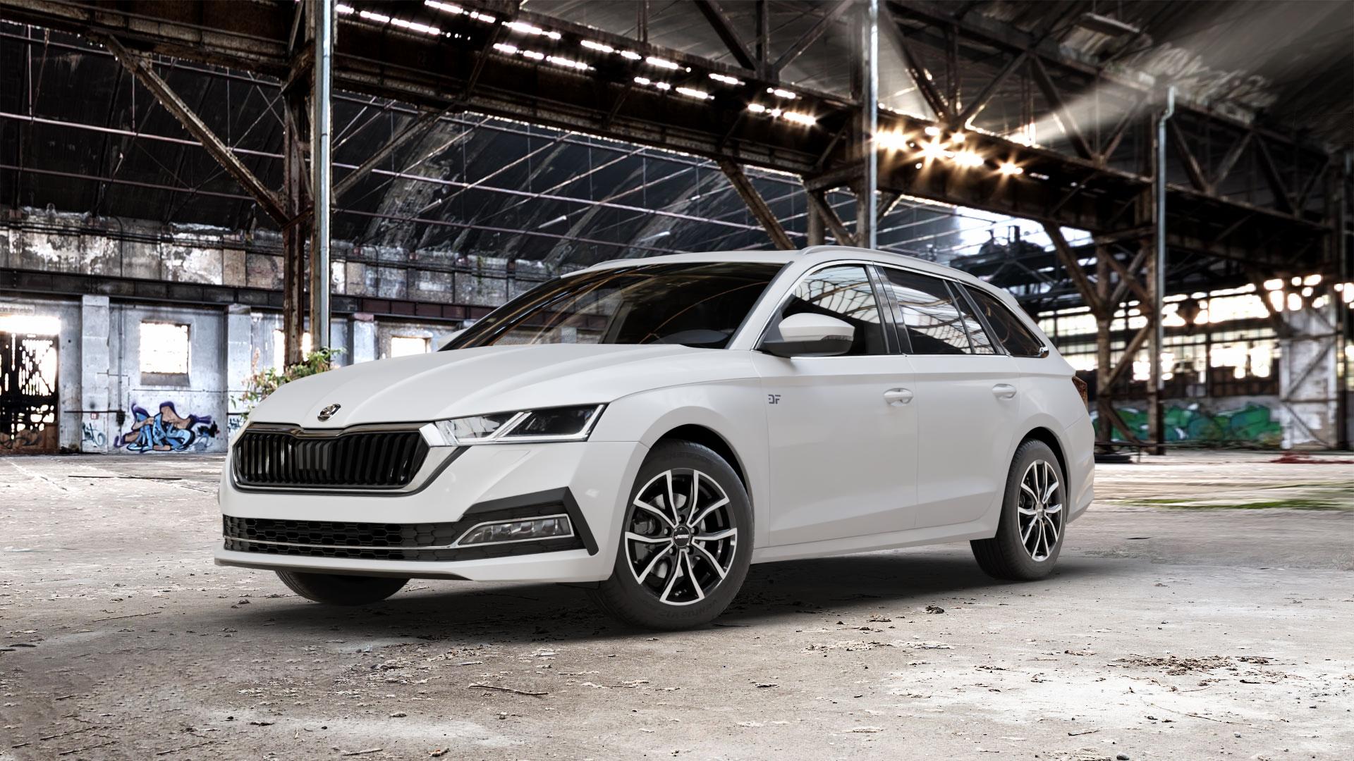 AUTEC Vidron Schwarz poliert Felge mit Reifen in 16Zoll Winterfelge Alufelge auf weissem Skoda Octavia IV Kombi Typ NX ⬇️ mit 15mm Tieferlegung ⬇️ Old Industrial Hall_max_5300mm_2024 Frontansicht_1