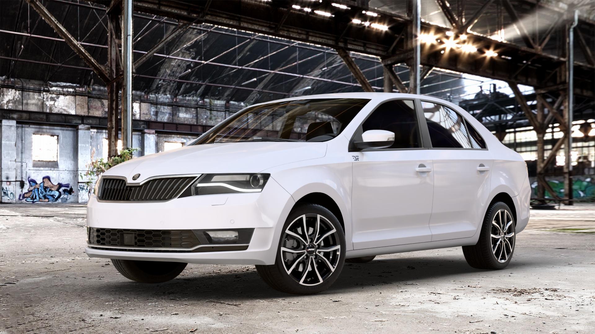 AUTEC Vidron Schwarz poliert Felge mit Reifen in 16Zoll Winterfelge Alufelge auf weissem Skoda Rapid Typ NH Facelift ⬇️ mit 15mm Tieferlegung ⬇️ Old Industrial Hall_max_4400mm_2024 Frontansicht_1