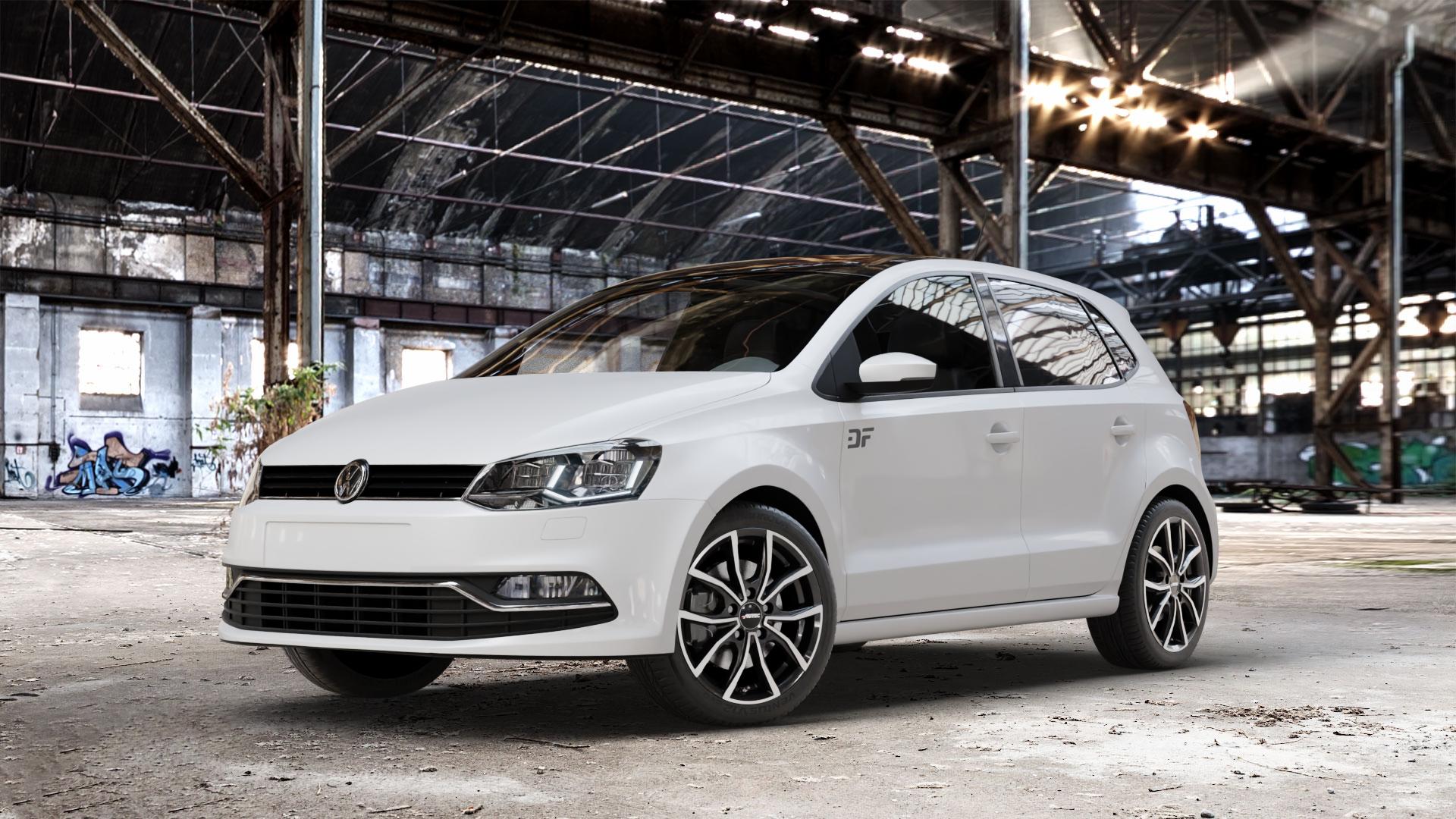 AUTEC Vidron Schwarz poliert Felge mit Reifen in 16Zoll Winterfelge Alufelge auf weissem Volkswagen (VW) Polo V Typ 6C ⬇️ mit 15mm Tieferlegung ⬇️ Old Industrial Hall_max_4400mm_2024 Frontansicht_1