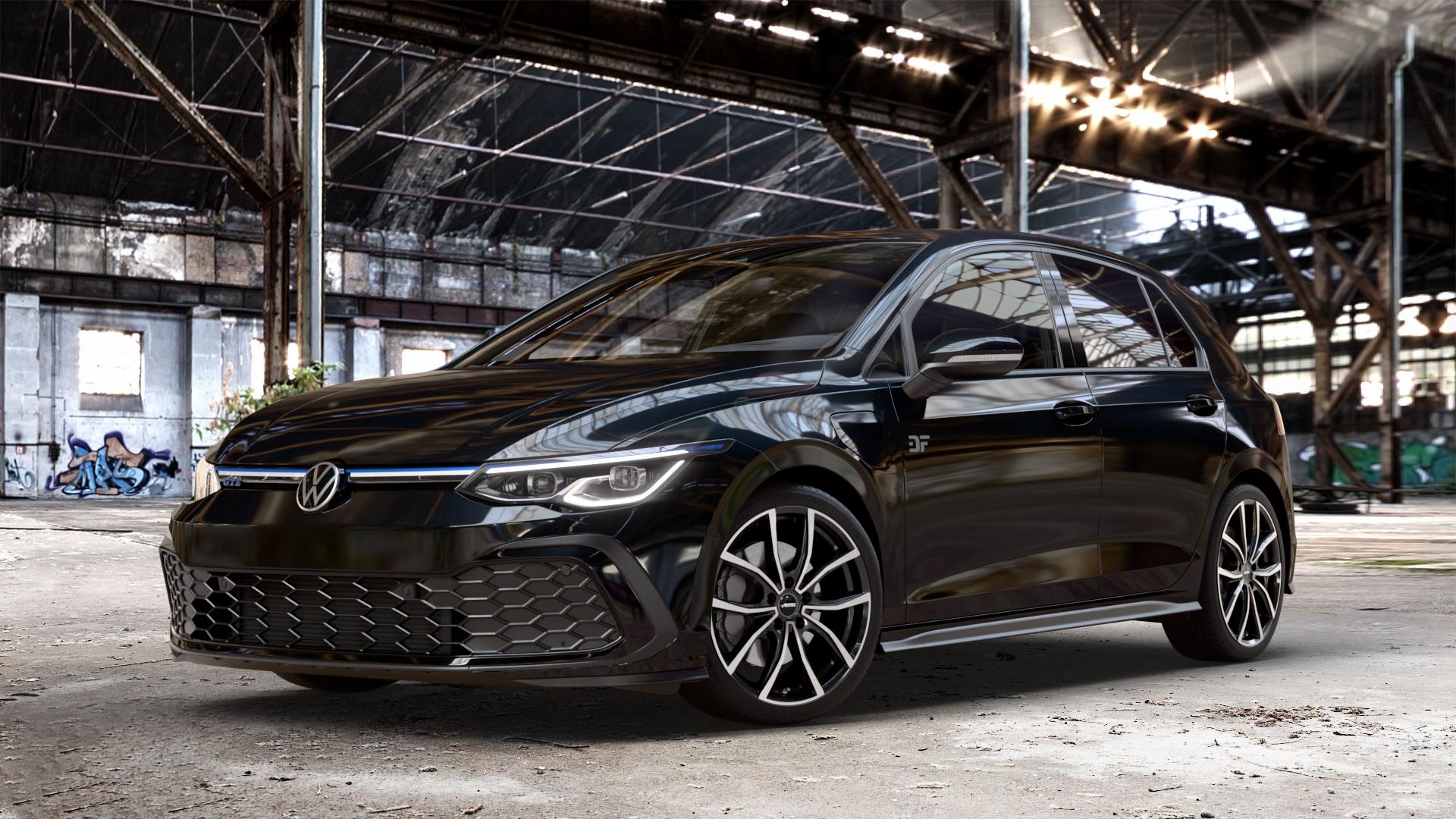 AUTEC Vidron Schwarz poliert Felge mit Reifen in 18Zoll Winterfelge Alufelge auf schwarzem metallic Volkswagen (VW) Golf 8 1,4l GTE 110kW Hybrid (150 PS) ⬇️ mit 15mm Tieferlegung ⬇️ Old Industrial Hall_max_4400mm_2024 Frontansicht_1