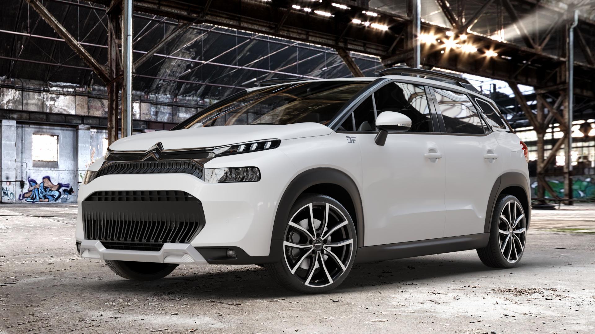 AUTEC Vidron Schwarz poliert Felge mit Reifen in 19Zoll Winterfelge Alufelge auf weissem Citroen C3 Aircross Typ 2 Facelift ⬇️ mit 15mm Tieferlegung ⬇️ Old Industrial Hall_max_4400mm_2024 Frontansicht_1