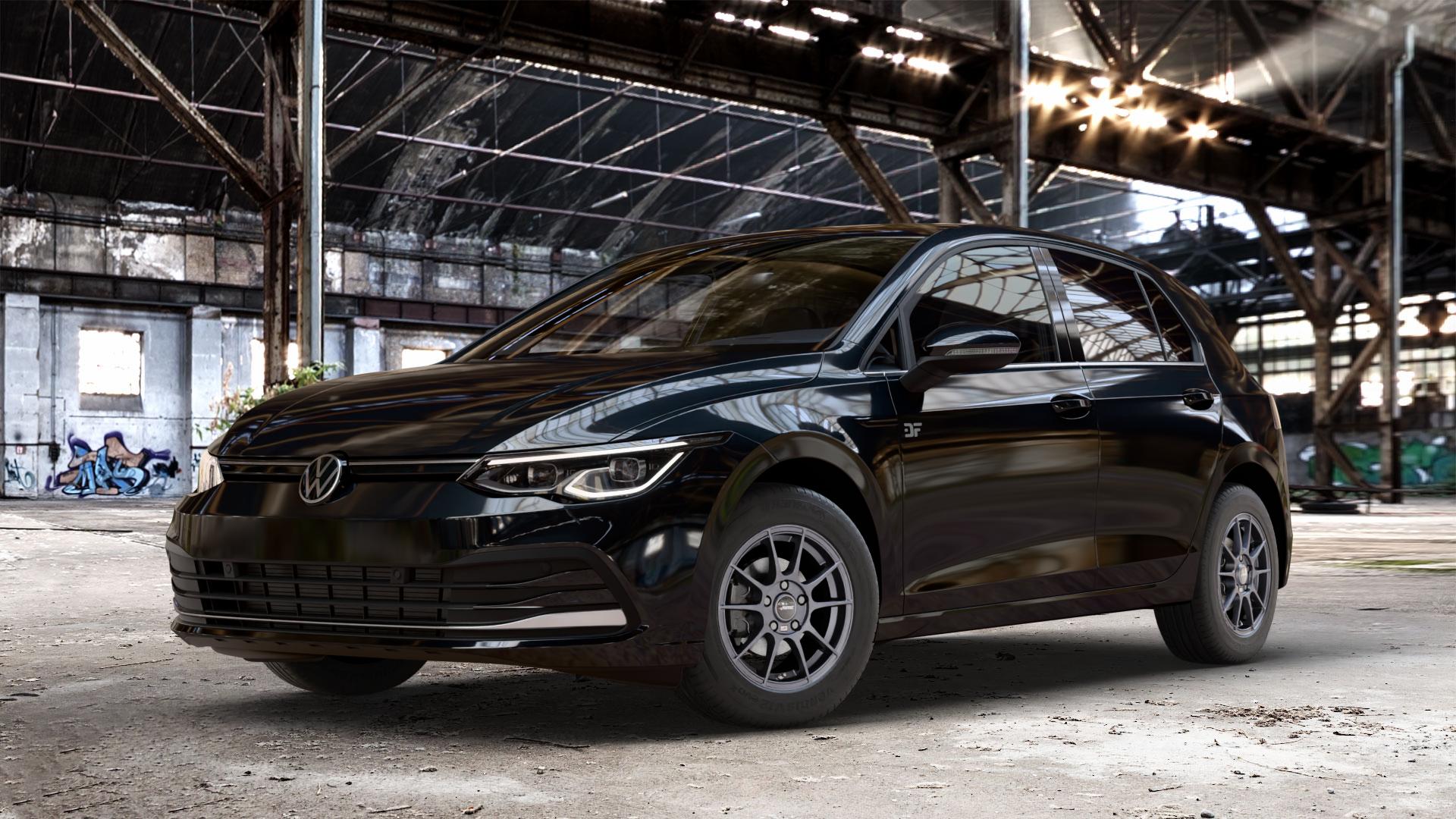 AUTEC Wizard Gunmetal matt Felge mit Reifen grau in 15Zoll Winterfelge Alufelge auf metallic schwarzem Volkswagen (VW) Golf 8 1,5l TSI 96kW (131 PS) 110kW (150 2,0l TDI 85kW (116 Mild-Hybrid 1,0l 81kW (110 66kW (90 1,4l Hybrid TGI 4Motion 140kW (190 ⬇️ mit 15mm Tieferlegung ⬇️ Old Industrial Hall_max_4400mm_2024 Frontansicht_1