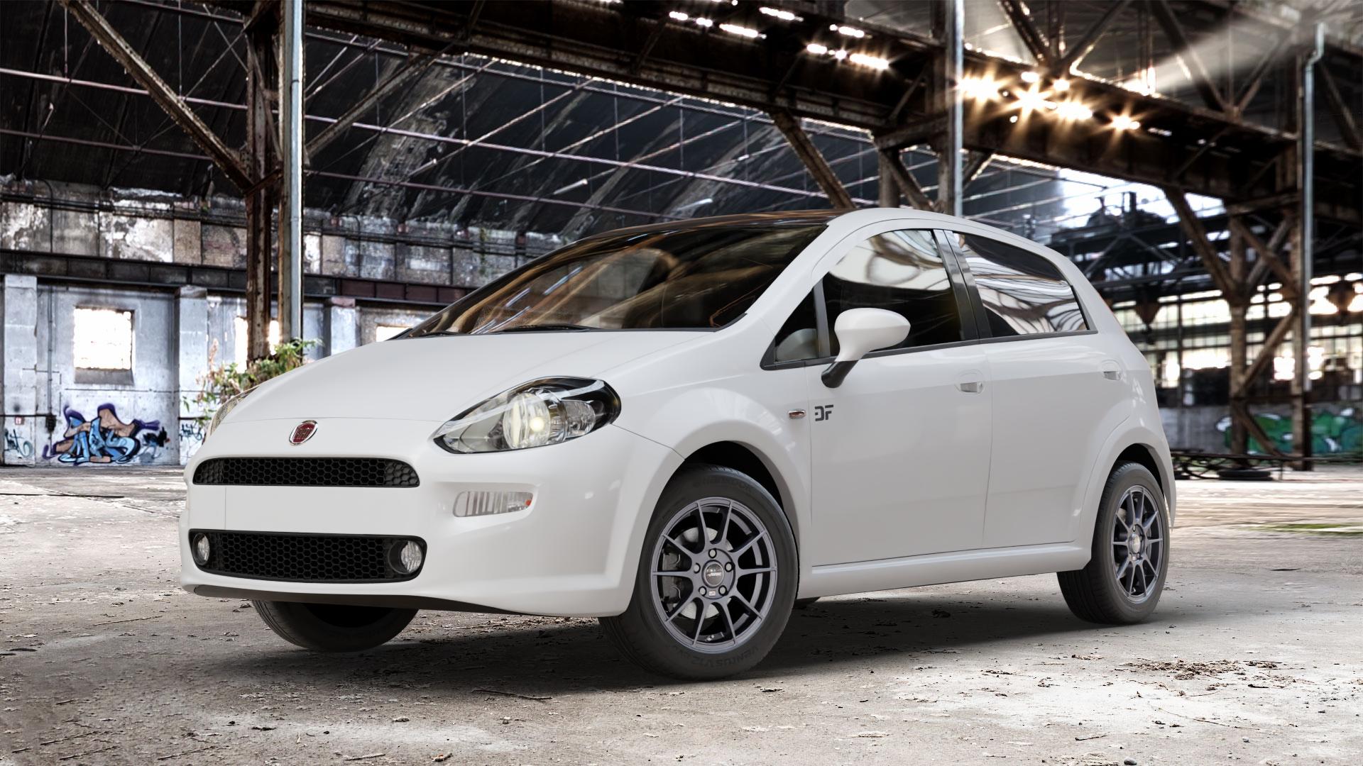 AUTEC Wizard Gunmetal matt Felge mit Reifen grau in 15Zoll Winterfelge Alufelge auf weissem Fiat Punto / Grande Typ 199 (12->) ⬇️ mit 15mm Tieferlegung ⬇️ Old Industrial Hall_max_4400mm_2024 Frontansicht_1