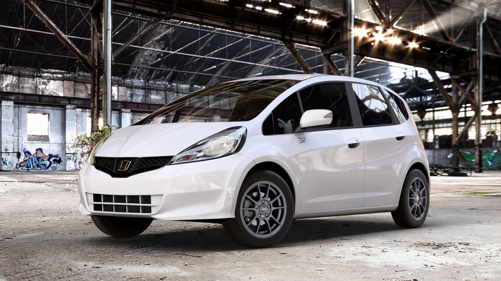AUTEC Wizard Gunmetal matt Felge mit Reifen grau in 15Zoll Winterfelge Alufelge auf weissem Honda Jazz III Facelift (GG, GE) 1,4l i-VTEC 73kW GG6 (99 PS) GE6 GG3 1,2l 66kW GG1 (90 GG5 GG2 1,3l IMA Hybrid 65kW GP1 (88 ⬇️ mit 15mm Tieferlegung ⬇️ Old Industrial Hall_max_4400mm_2024 Frontansicht_1