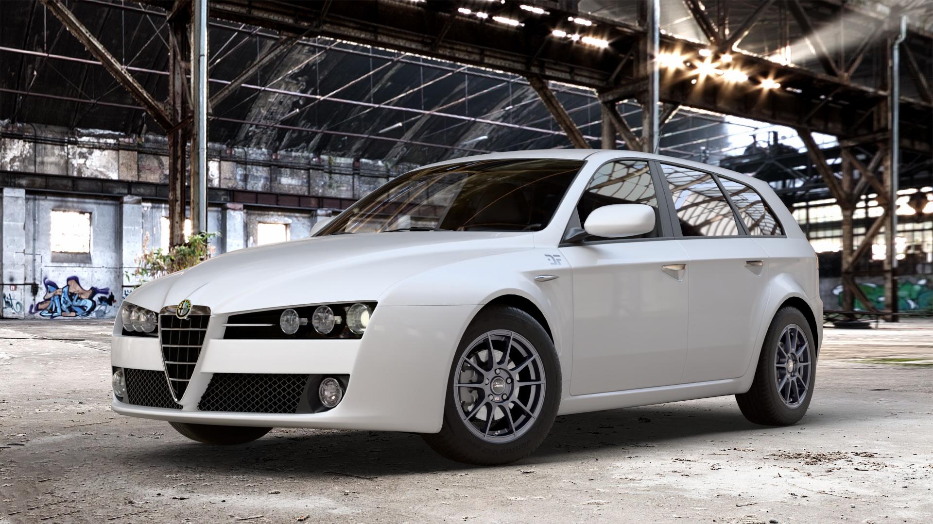 AUTEC Wizard Gunmetal matt Felge mit Reifen grau in 16Zoll Winterfelge Alufelge auf weissem Alfa Romeo 159 Sportwagon ⬇️ mit 15mm Tieferlegung ⬇️ Old Industrial Hall_max_4400mm_2024 Frontansicht_1