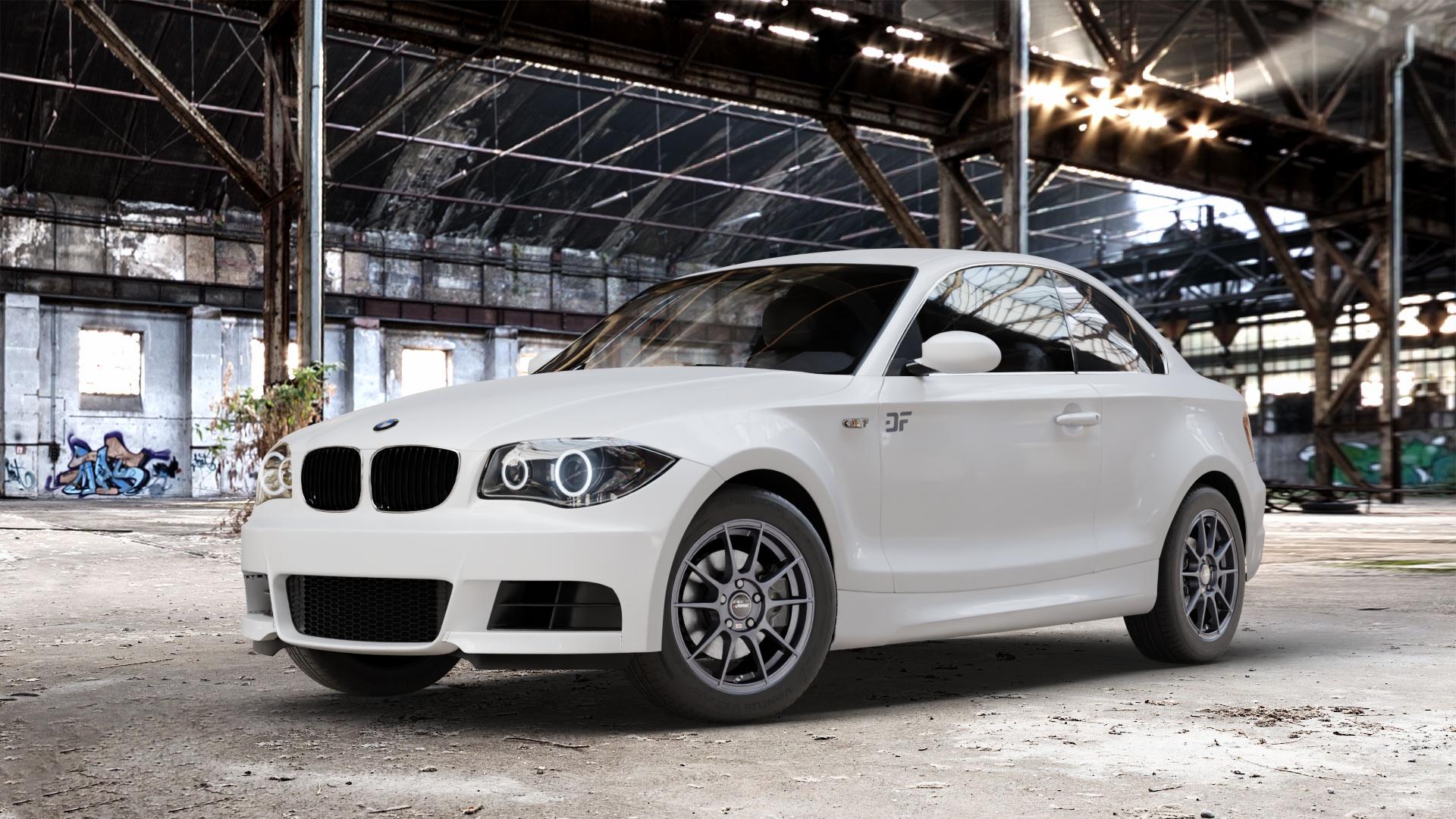 AUTEC Wizard Gunmetal matt Felge mit Reifen grau in 16Zoll Winterfelge Alufelge auf weissem BMW 120d Typ E82 (Coupe) 123d 125i 135i 1M 118d 120i 1er Coupé (182, 1C) ⬇️ mit 15mm Tieferlegung ⬇️ Old Industrial Hall_max_4400mm_2024 Frontansicht_1