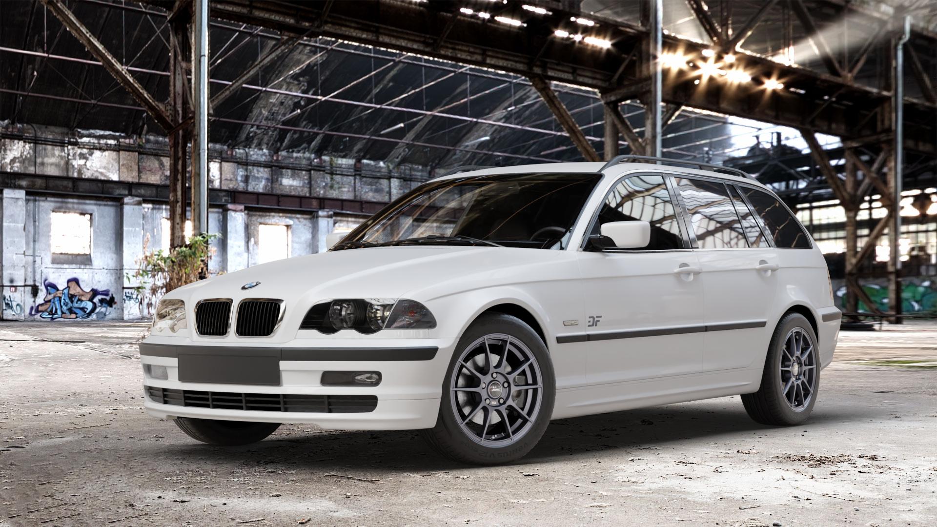 AUTEC Wizard Gunmetal matt Felge mit Reifen grau in 16Zoll Winterfelge Alufelge auf weissem BMW 316i Typ E46 (Touring) 318d 318i 320d 320i 325i 325xi 328i 330d 330i 330xd 330xi 3er Touring (346L) ⬇️ mit 15mm Tieferlegung ⬇️ Old Industrial Hall_max_4400mm_2024 Frontansicht_1