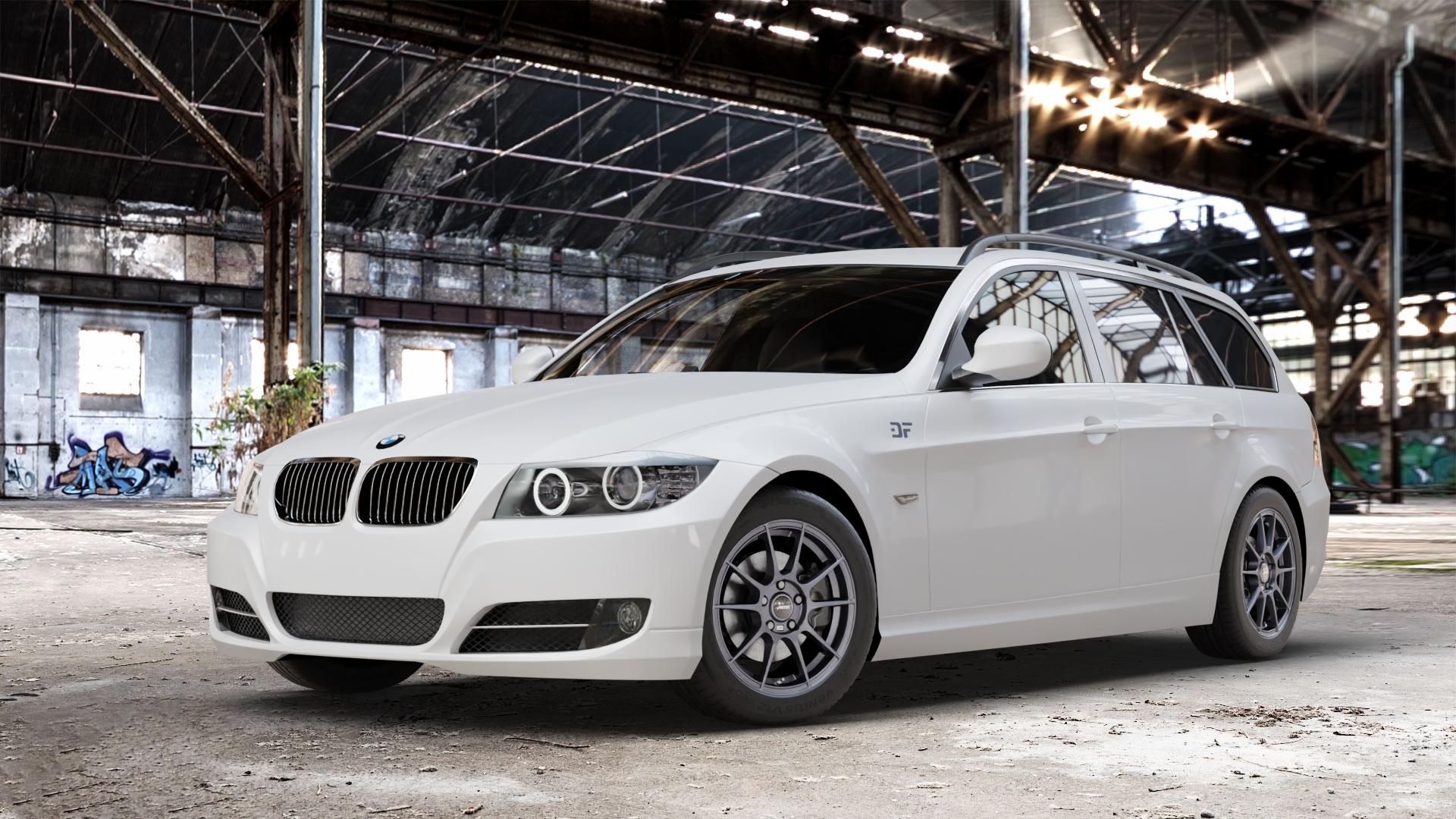 AUTEC Wizard Gunmetal matt Felge mit Reifen grau in 16Zoll Winterfelge Alufelge auf weissem BMW 318i Typ E91 (Touring) 320i 325i 330i 320d 330d 318d 325xi 330xi 335i 335d 325d 330xd 335xi 320xd 316d 316i 3er Touring (390L, 390X, 3K, 3K-N1) ⬇️ mit 15mm Tieferlegung ⬇️ Old Industrial Hall_max_4400mm_2024 Frontansicht_1