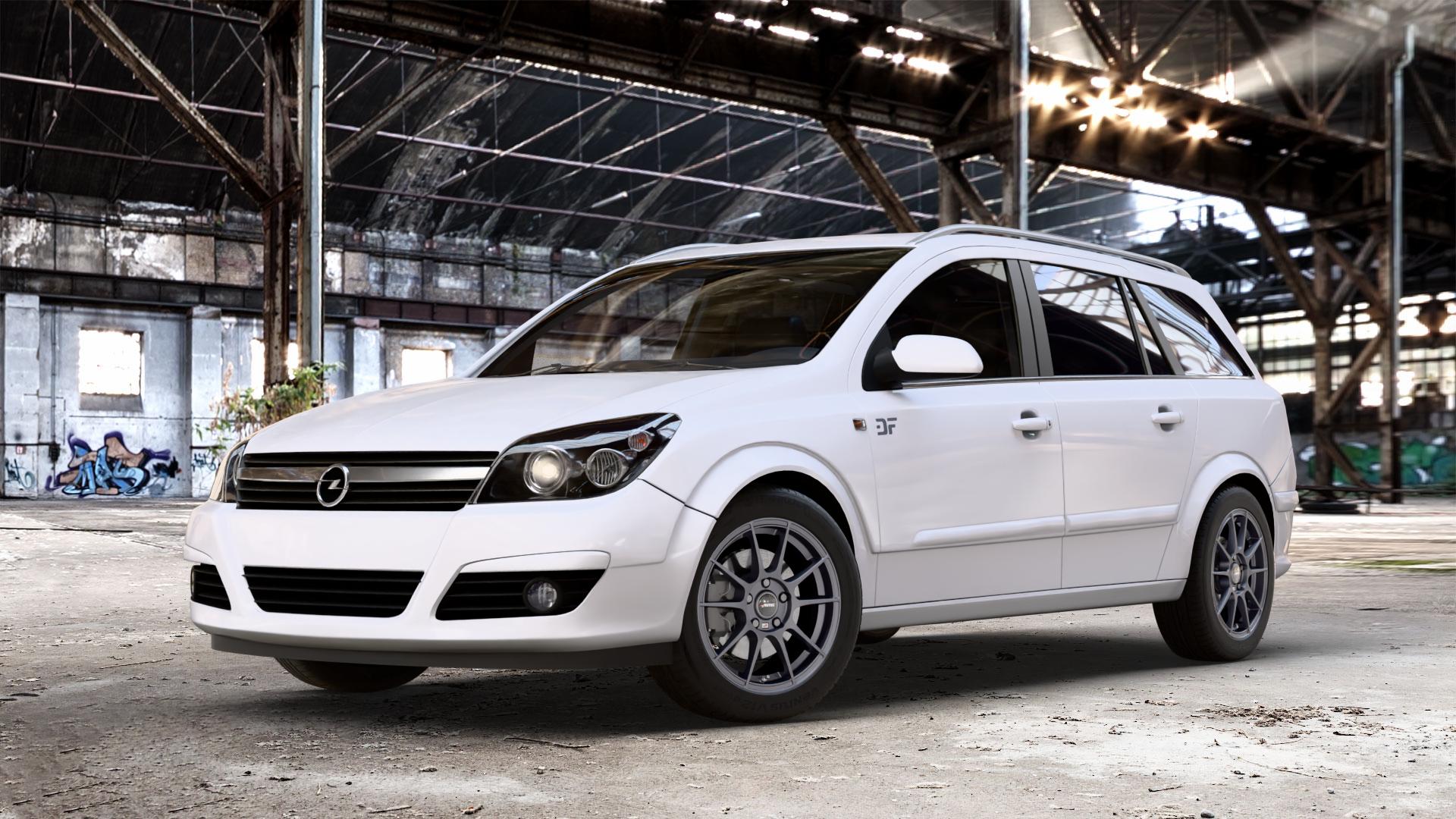 AUTEC Wizard Gunmetal matt Felge mit Reifen grau in 16Zoll Winterfelge Alufelge auf weissem Opel Astra H Typ A-H Caravan A-H/SW ⬇️ mit 15mm Tieferlegung ⬇️ Old Industrial Hall_max_4400mm_2024 Frontansicht_1