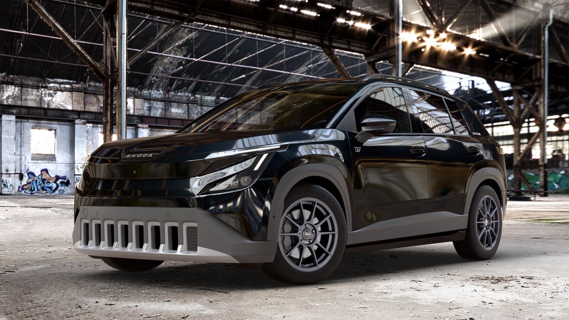 AUTEC Wizard Gunmetal matt Felge mit Reifen grau in 17Zoll Winterfelge Alufelge auf metallic schwarzem Skoda Epiq Typ PX ⬇️ mit 15mm Tieferlegung ⬇️ Old Industrial Hall_max_4400mm_2024 Frontansicht_1