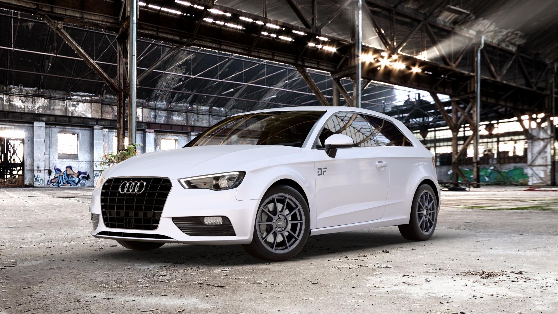 AUTEC Wizard Gunmetal matt Felge mit Reifen grau in 17Zoll Winterfelge Alufelge auf weissem Audi A3 Typ 8V ⬇️ mit 15mm Tieferlegung ⬇️ Old Industrial Hall_max_5300mm_2024 Frontansicht_1