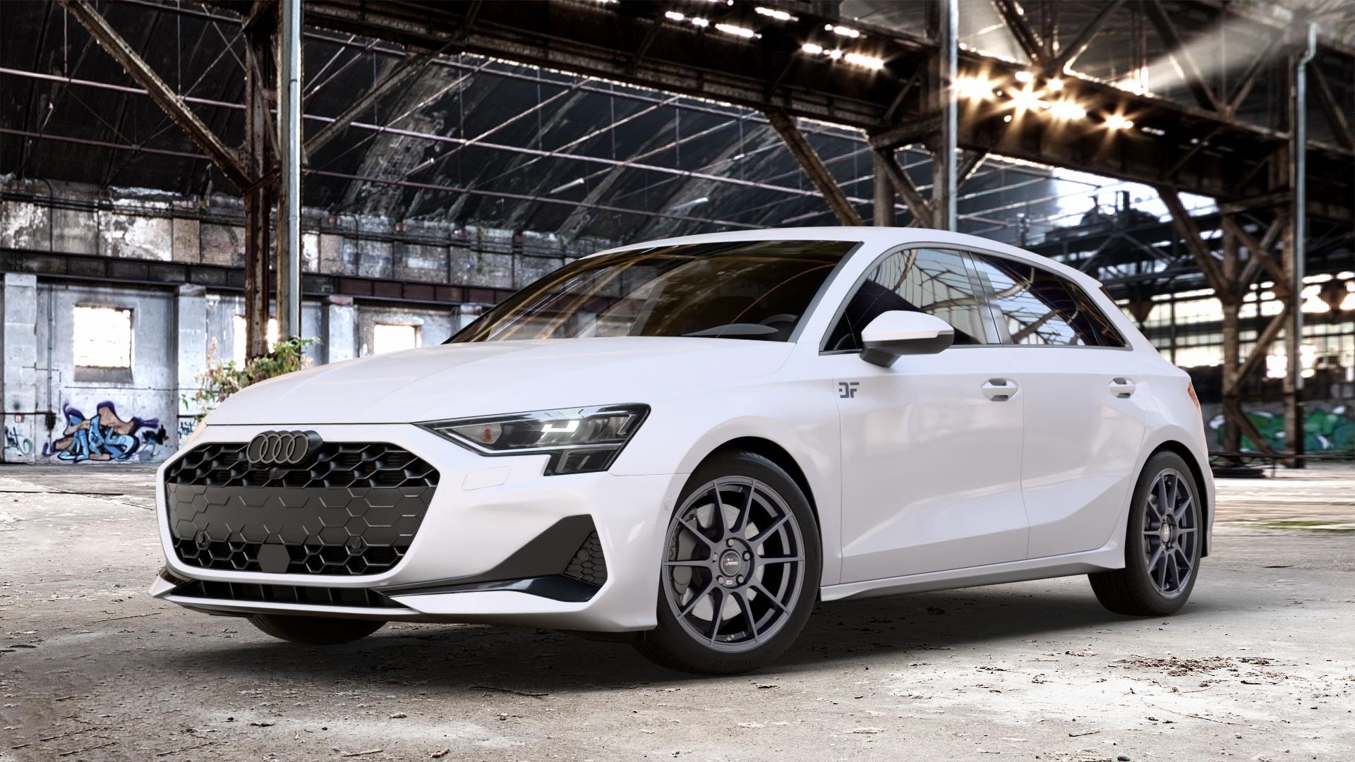 AUTEC Wizard Gunmetal matt Felge mit Reifen grau in 17Zoll Winterfelge Alufelge auf weissem Audi A3 Typ GY (Sportback) Facelift 2,0l 30 TDI 85kW (116 PS) 1,5l TFSI Mild-Hybrid 35 110kW (150 PHEV 200 130kW Hybrid (177 150 ⬇️ mit 15mm Tieferlegung ⬇️ Old Industrial Hall_max_4400mm_2024 Frontansicht_1