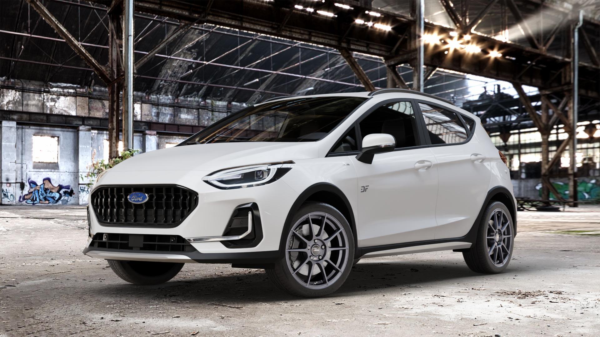 AUTEC Wizard Gunmetal matt Felge mit Reifen grau in 17Zoll Winterfelge Alufelge auf weissem Ford Fiesta VII Typ JHH Active Facelift ⬇️ mit 15mm Tieferlegung ⬇️ Old Industrial Hall_max_4400mm_2024 Frontansicht_1