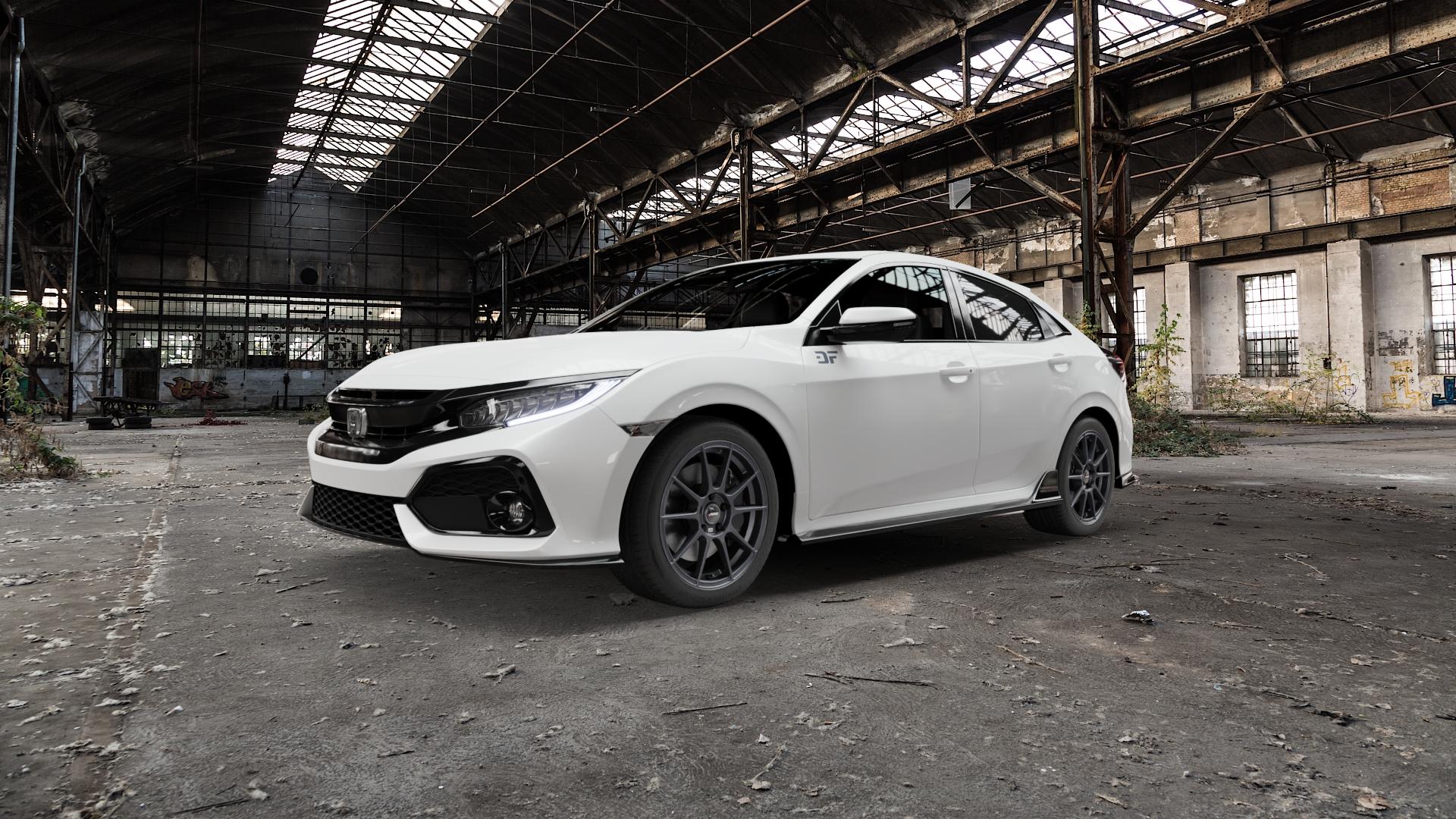 AUTEC Wizard Gunmetal matt Felge mit Reifen grau in 17Zoll Winterfelge Alufelge auf weissem Honda Civic 10 Schrägheck (FC) 1,0l VTEC 95kW (129 PS) 1,5l 134kW (182 1,6l i-DTEC 88kW (120 93kW (126 ⬇️ mit 15mm Tieferlegung ⬇️ Old Industrial Hall_max5000mm_2022 Frontansicht_1