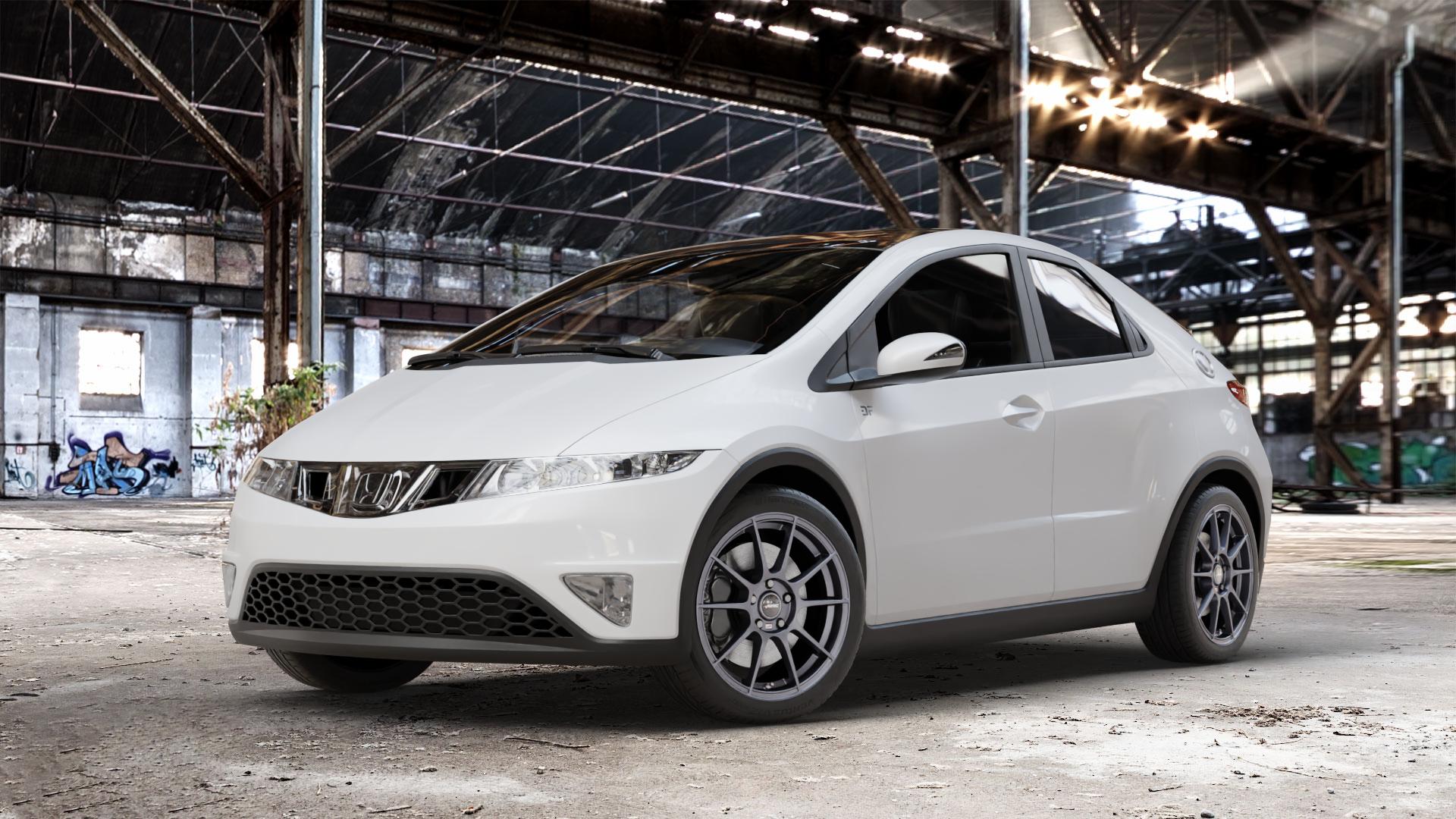 AUTEC Wizard Gunmetal matt Felge mit Reifen grau in 17Zoll Winterfelge Alufelge auf weissem Honda Civic 8 Fünftürer (FK) 1,4l V-Tec (FK1) 73kW (99 PS) ⬇️ mit 15mm Tieferlegung ⬇️ Old Industrial Hall_max_4400mm_2024 Frontansicht_1