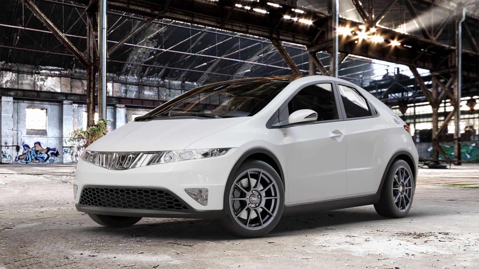 AUTEC Wizard Gunmetal matt Felge mit Reifen grau in 17Zoll Winterfelge Alufelge auf weissem Honda Civic 8 Fünftürer (FK) ⬇️ mit 15mm Tieferlegung ⬇️ Old Industrial Hall_max_4400mm_2024 Frontansicht_1
