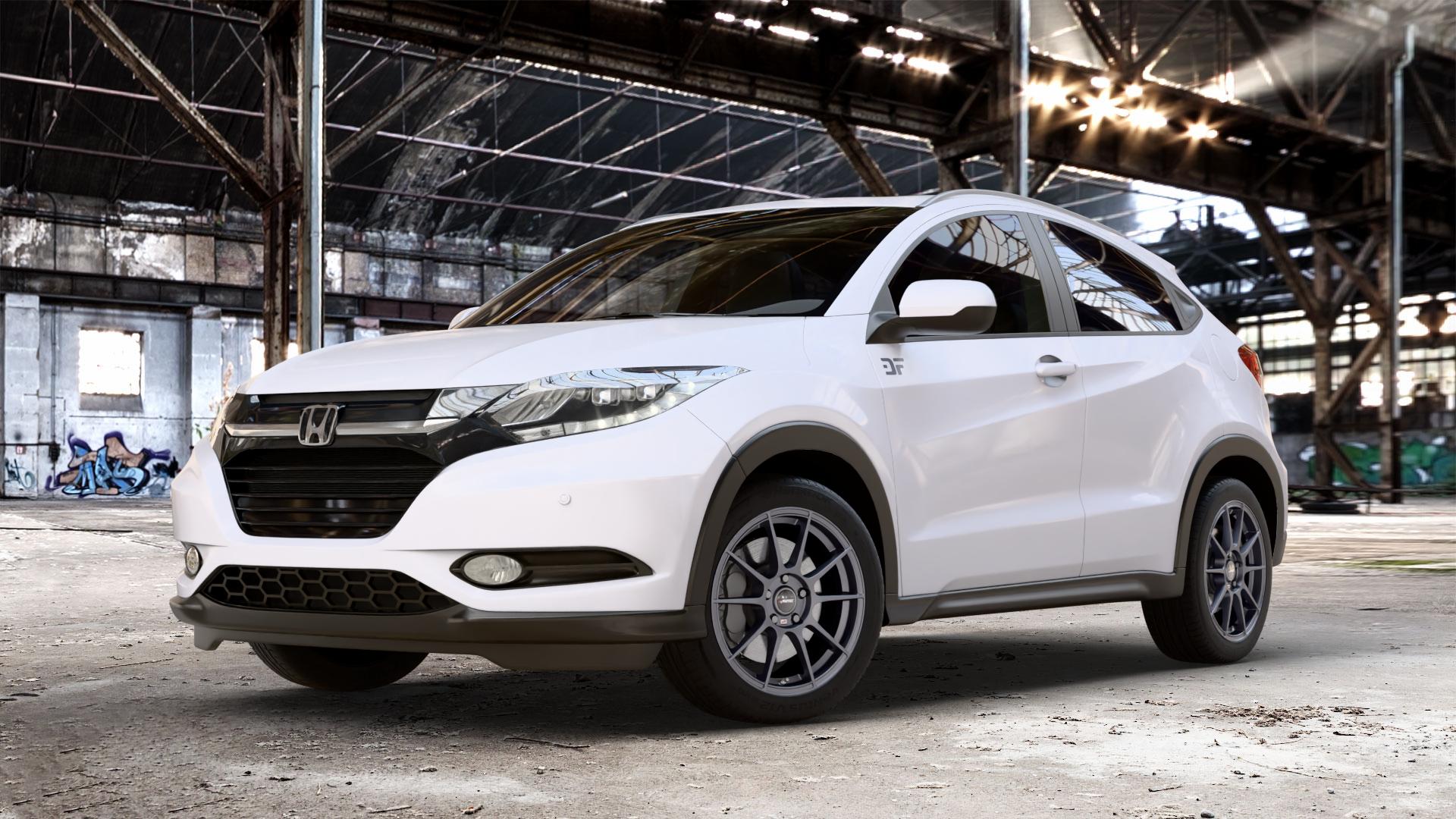 AUTEC Wizard Gunmetal matt Felge mit Reifen grau in 17Zoll Winterfelge Alufelge auf weissem Honda HR-V II (RU) ⬇️ mit 15mm Tieferlegung ⬇️ Old Industrial Hall_max_4400mm_2024 Frontansicht_1