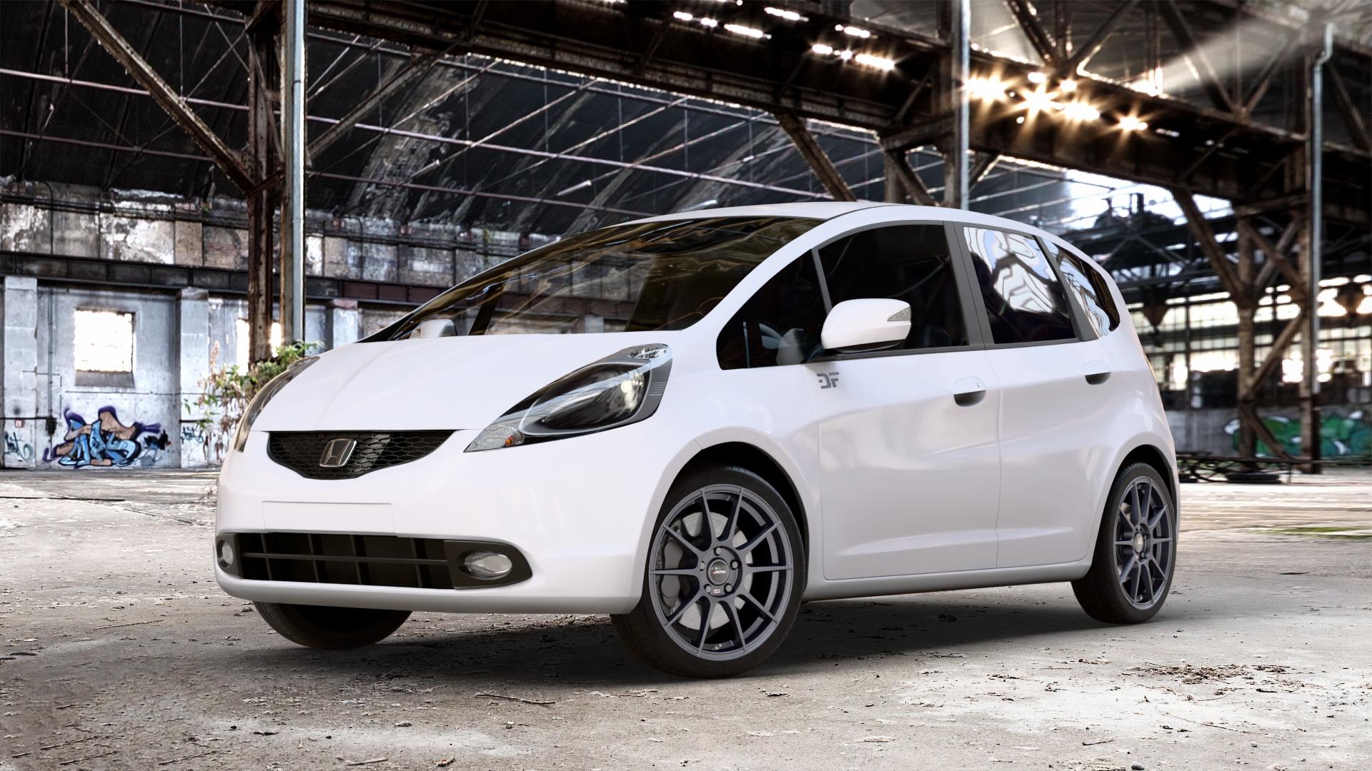 AUTEC Wizard Gunmetal matt Felge mit Reifen grau in 17Zoll Winterfelge Alufelge auf weissem Honda Jazz III (GG, GE) 1,2l i-VTEC 66kW GG5 (90 PS) 1,4l 73kW GG6 (99 GG3 GE6 GG1 GG2 IMA Hybrid 65kW GP1 (88 ⬇️ mit 15mm Tieferlegung ⬇️ Old Industrial Hall_max_4400mm_2024 Frontansicht_1