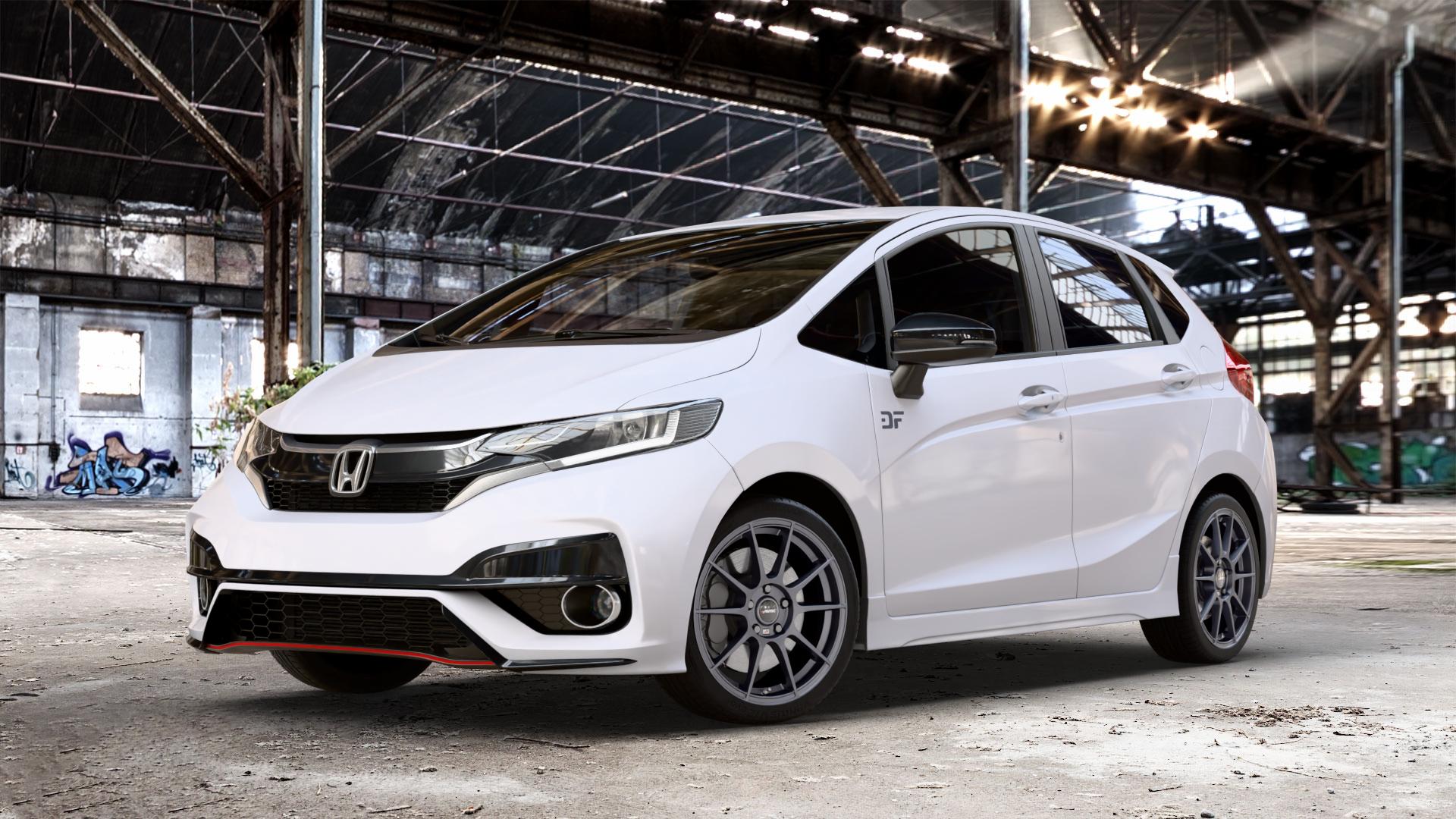 AUTEC Wizard Gunmetal matt Felge mit Reifen grau in 17Zoll Winterfelge Alufelge auf weissem Honda Jazz IV (GK) Facelift ⬇️ mit 15mm Tieferlegung ⬇️ Old Industrial Hall_max_4400mm_2024 Frontansicht_1