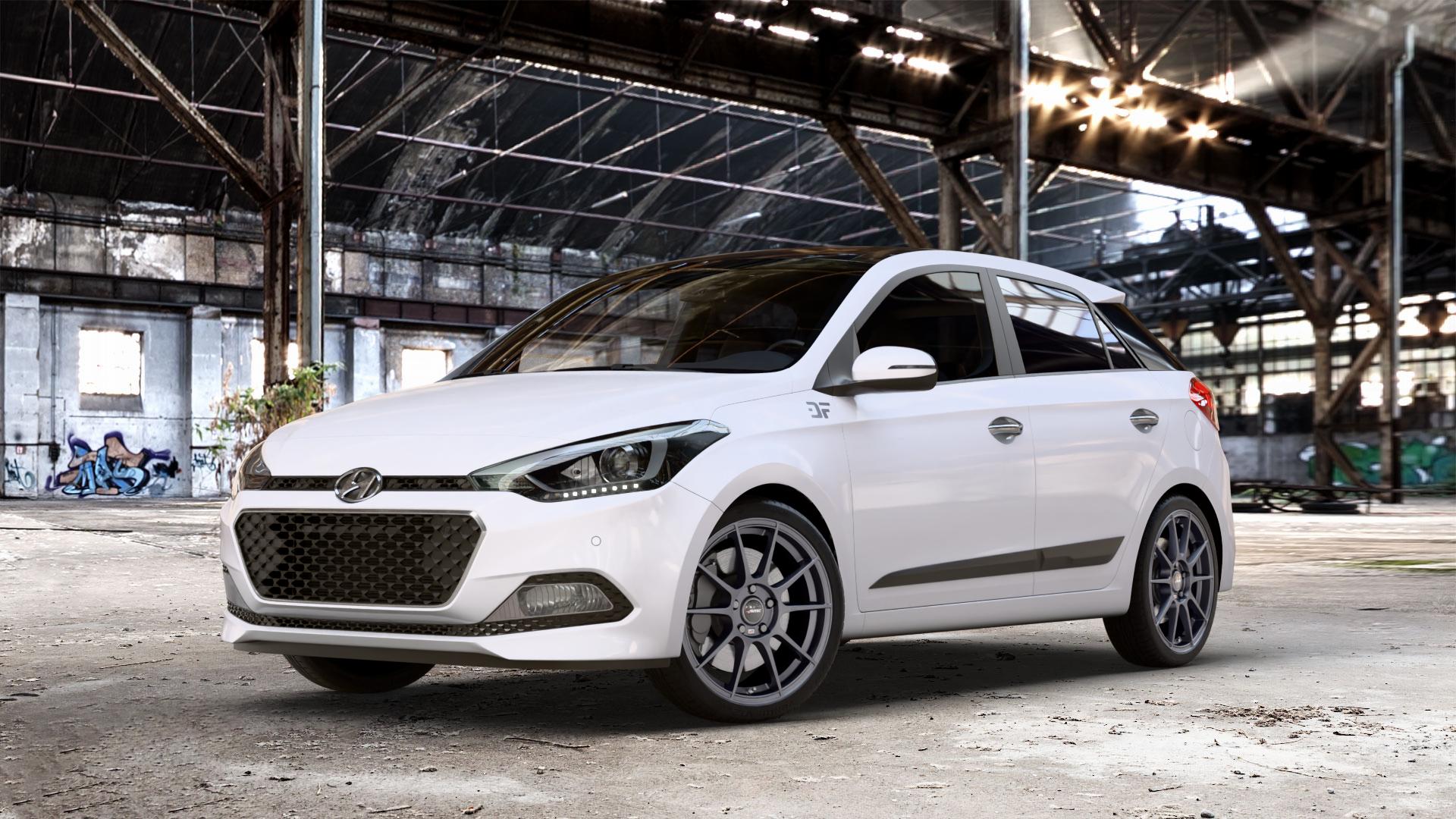 AUTEC Wizard Gunmetal matt Felge mit Reifen grau in 17Zoll Winterfelge Alufelge auf weissem Hyundai i20 Typ GB Coupe Facelift ⬇️ mit 15mm Tieferlegung ⬇️ Old Industrial Hall_max_4400mm_2024 Frontansicht_1