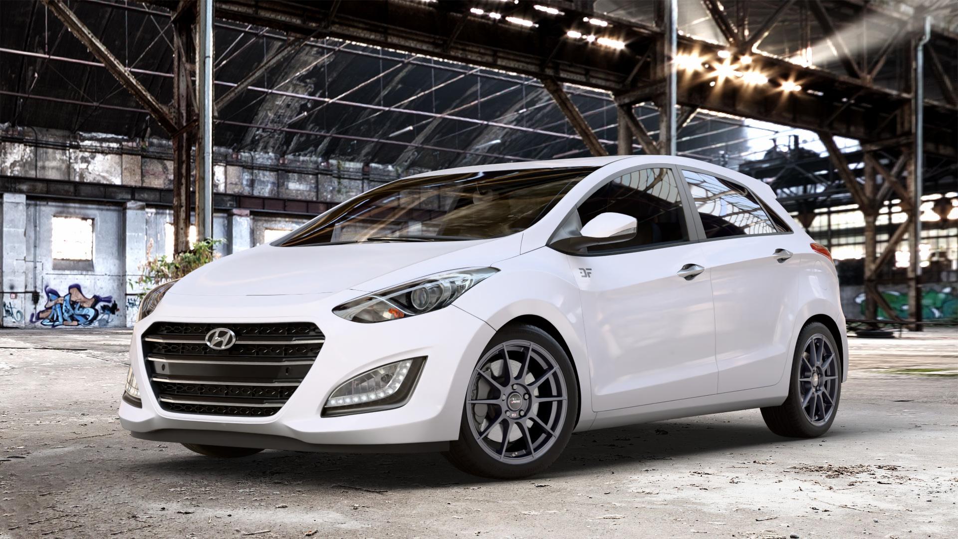 AUTEC Wizard Gunmetal matt Felge mit Reifen grau in 17Zoll Winterfelge Alufelge auf weissem Hyundai i30 Typ GDH Facelift ⬇️ mit 15mm Tieferlegung ⬇️ Old Industrial Hall_max_4400mm_2024 Frontansicht_1