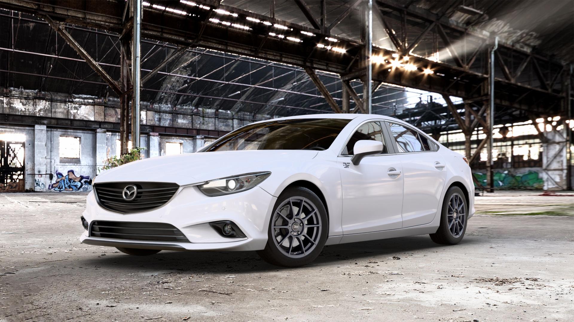AUTEC Wizard Gunmetal matt Felge mit Reifen grau in 17Zoll Winterfelge Alufelge auf weissem Mazda 6 III (12-15) Limousine (GJ/GH) (15-18) (GH) Facelift (GJ) ⬇️ mit 15mm Tieferlegung ⬇️ Old Industrial Hall_max_5300mm_2024 Frontansicht_1