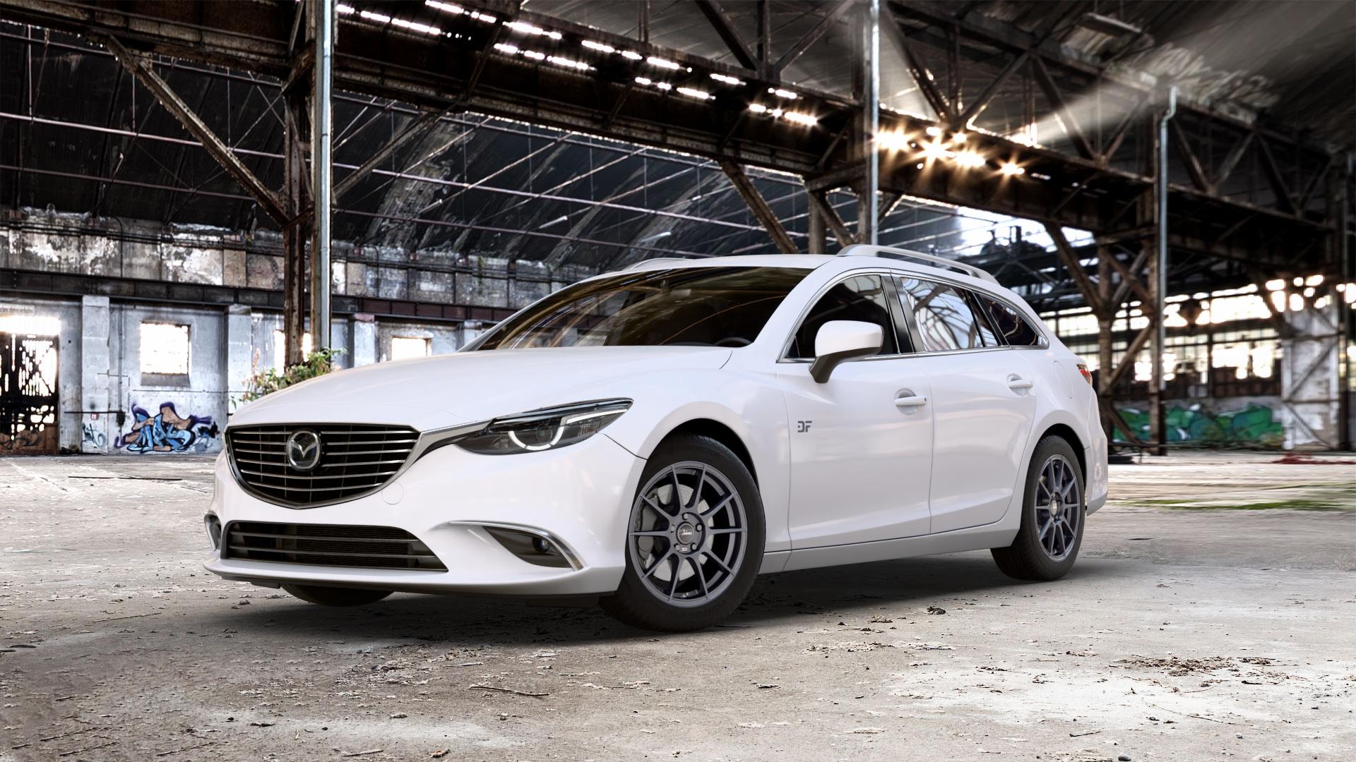 AUTEC Wizard Gunmetal matt Felge mit Reifen grau in 17Zoll Winterfelge Alufelge auf weissem Mazda 6 III (12-15) Sport Kombi (GJ/GH) (15-18) (GH) Facelift (18-) (GJ) ⬇️ mit 15mm Tieferlegung ⬇️ Old Industrial Hall_max_5300mm_2024 Frontansicht_1