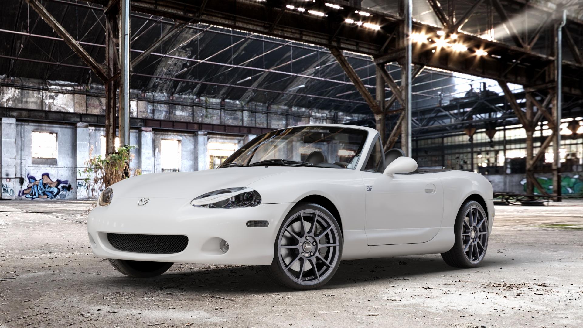 AUTEC Wizard Gunmetal matt Felge mit Reifen grau in 17Zoll Winterfelge Alufelge auf weissem Mazda MX-5 II (NB) ⬇️ mit 15mm Tieferlegung ⬇️ Old Industrial Hall_max_4400mm_2024 Frontansicht_1