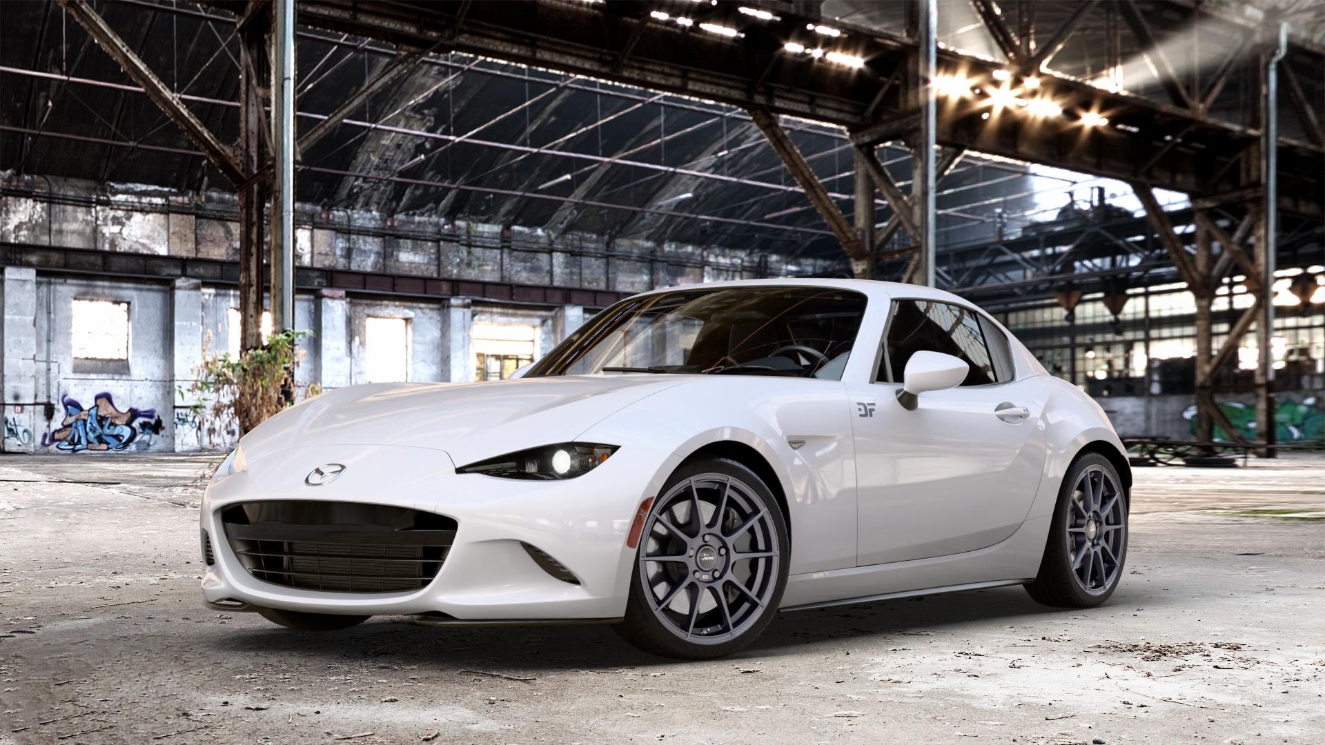 AUTEC Wizard Gunmetal matt Felge mit Reifen grau in 17Zoll Winterfelge Alufelge auf weissem Mazda MX-5 IV RF (ND) ⬇️ mit 15mm Tieferlegung ⬇️ Old Industrial Hall_max_4400mm_2024 Frontansicht_1