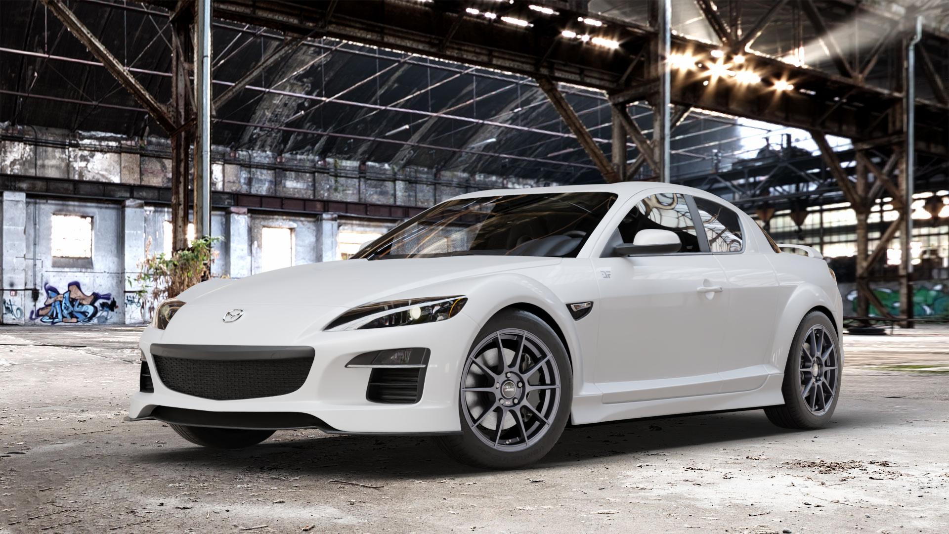 AUTEC Wizard Gunmetal matt Felge mit Reifen grau in 17Zoll Winterfelge Alufelge auf weissem Mazda RX-8 ⬇️ mit 15mm Tieferlegung ⬇️ Old Industrial Hall_max_4400mm_2024 Frontansicht_1