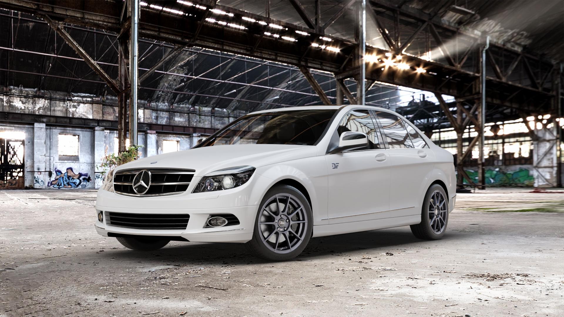 AUTEC Wizard Gunmetal matt Felge mit Reifen grau in 17Zoll Winterfelge Alufelge auf weissem Mercedes C-Klasse Typ W204 Limousine ⬇️ mit 15mm Tieferlegung ⬇️ Old Industrial Hall_max_5300mm_2024 Frontansicht_1