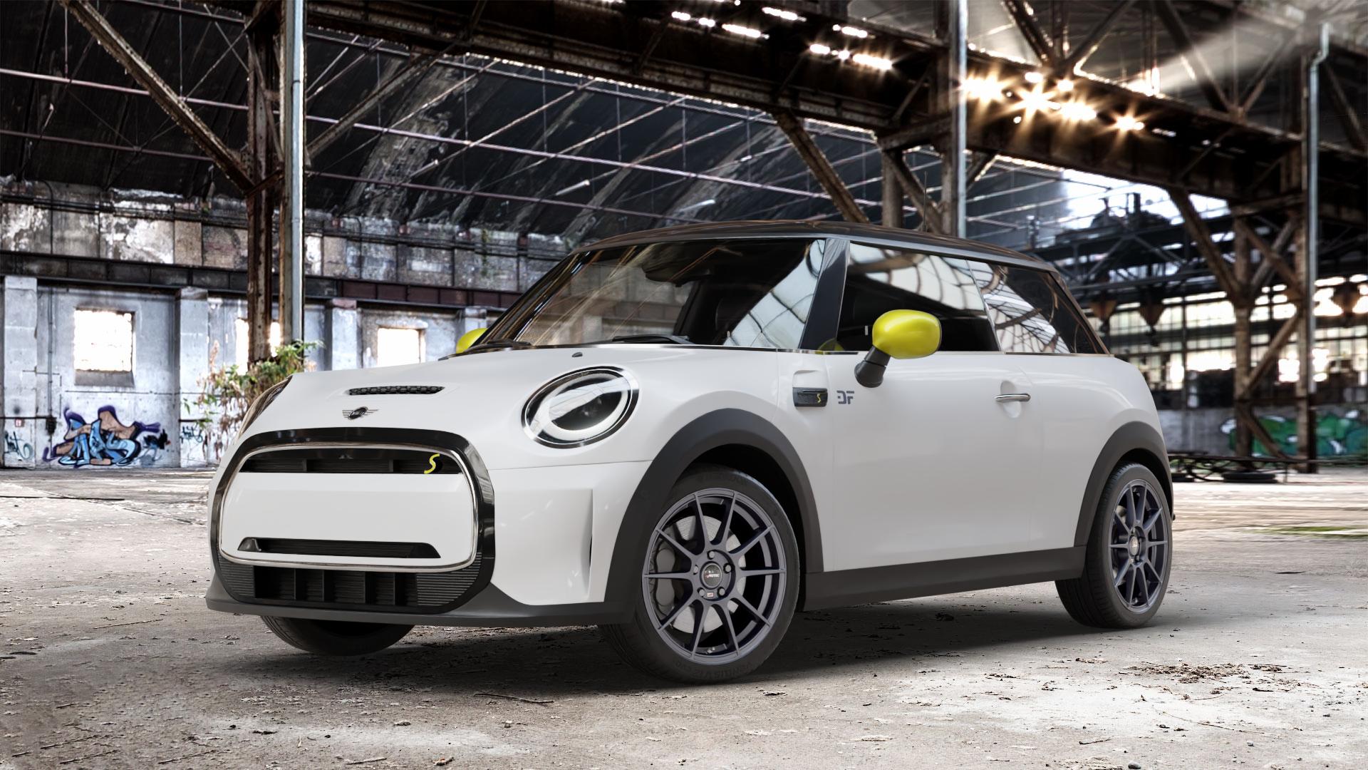 AUTEC Wizard Gunmetal matt Felge mit Reifen grau in 17Zoll Winterfelge Alufelge auf weissem Mini F56 Typ FML2E (3-Türer Limousine) Facelift 21-> Limousine ⬇️ mit 15mm Tieferlegung ⬇️ Old Industrial Hall_max_4400mm_2024 Frontansicht_1