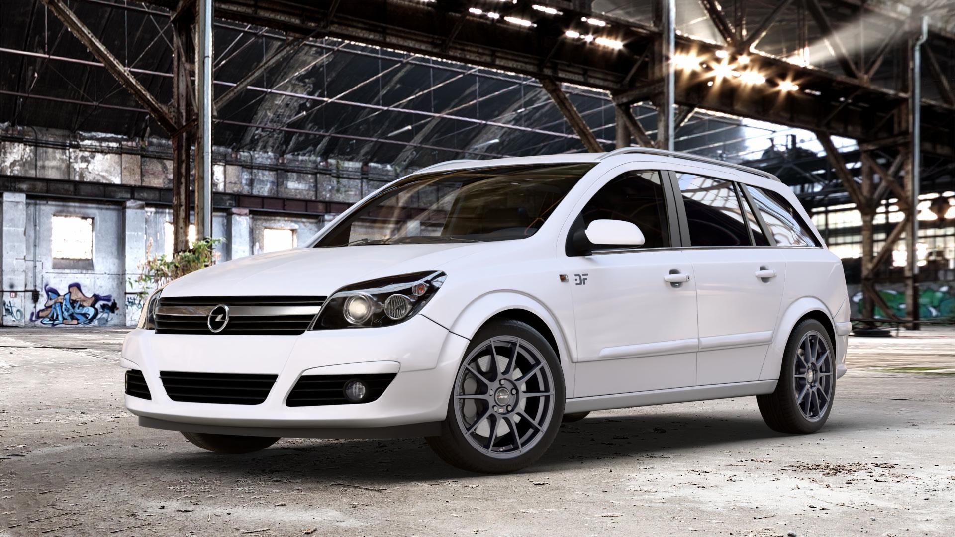 AUTEC Wizard Gunmetal matt Felge mit Reifen grau in 17Zoll Winterfelge Alufelge auf weissem Opel Astra H Typ A-H Caravan A-H/SW ⬇️ mit 15mm Tieferlegung ⬇️ Old Industrial Hall_max_4400mm_2024 Frontansicht_1
