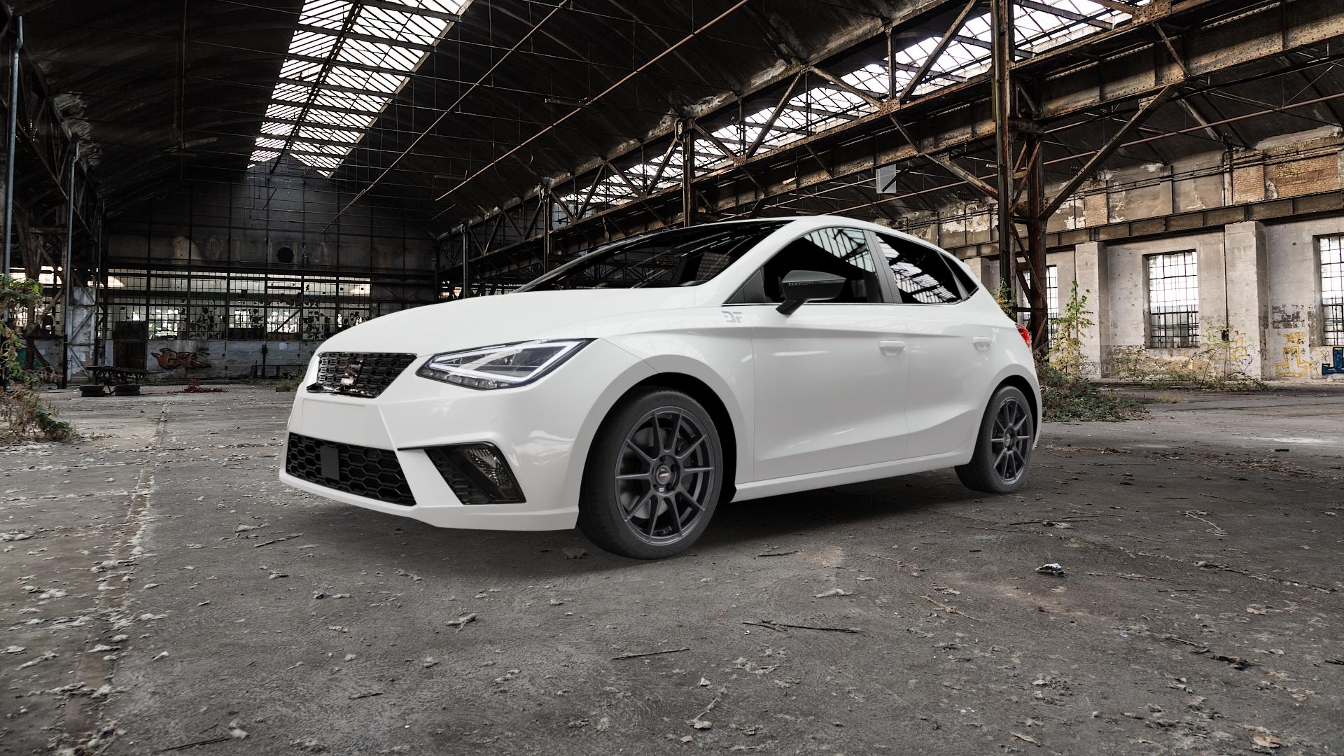 AUTEC Wizard Gunmetal matt Felge mit Reifen grau in 17Zoll Winterfelge Alufelge auf weissem Seat Ibiza V Typ KJ ⬇️ mit 15mm Tieferlegung ⬇️ Old Industrial Hall_max5000mm_2022 Frontansicht_1