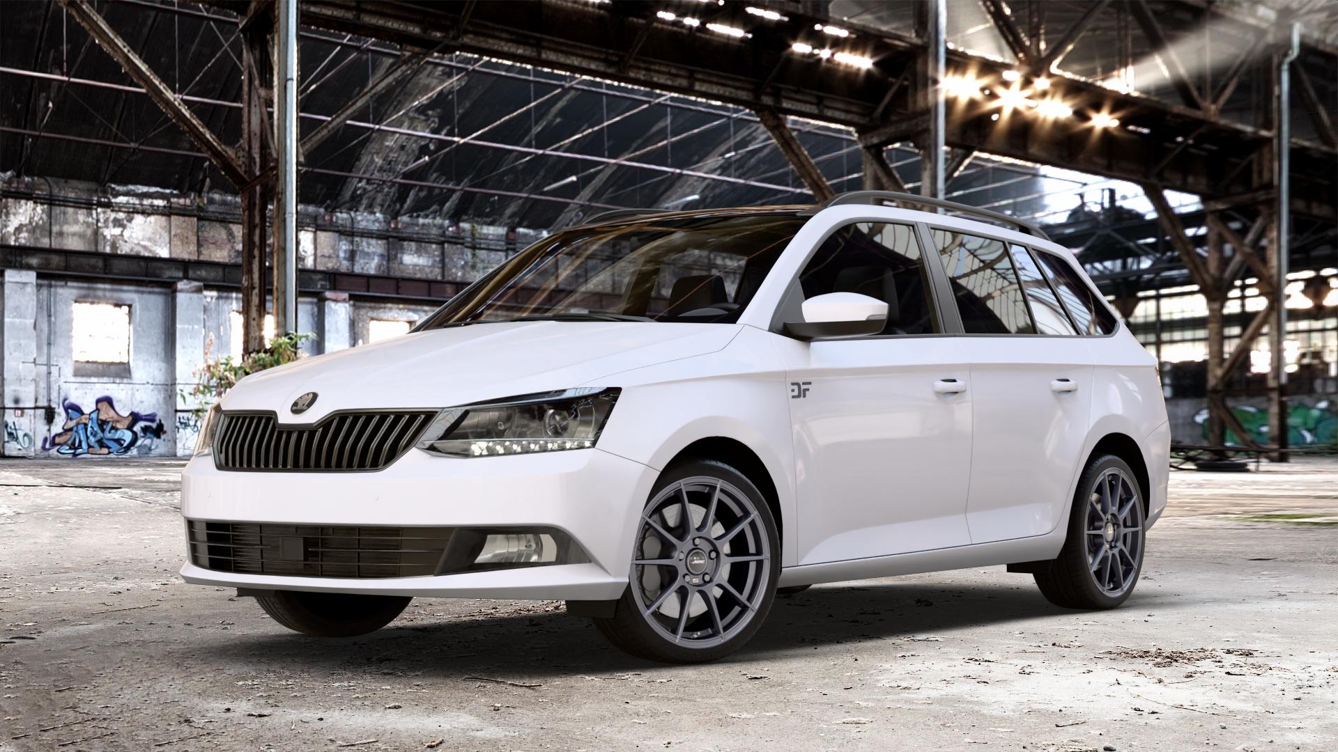 AUTEC Wizard Gunmetal matt Felge mit Reifen grau in 17Zoll Winterfelge Alufelge auf weissem Skoda Fabia III Kombi Typ 5J Facelift ⬇️ mit 15mm Tieferlegung ⬇️ Old Industrial Hall_max_4400mm_2024 Frontansicht_1