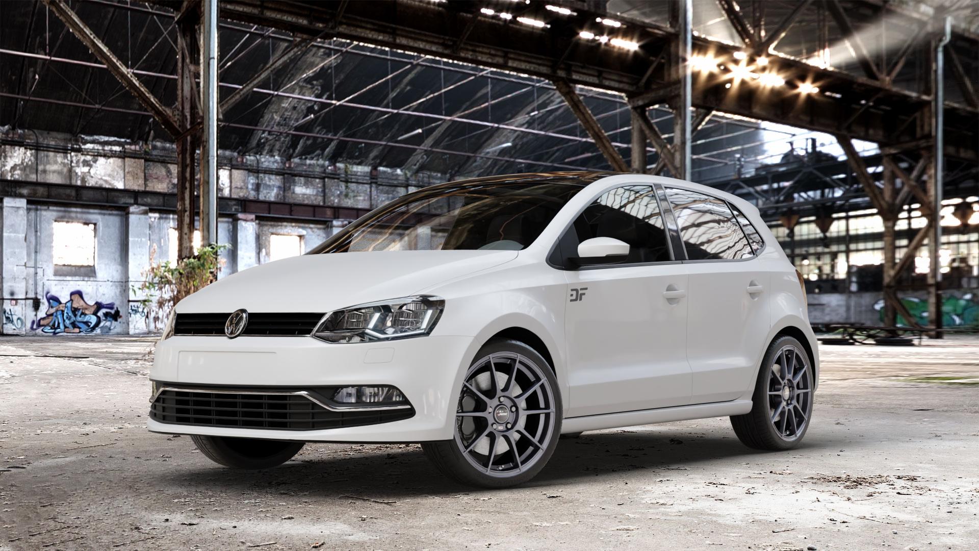 AUTEC Wizard Gunmetal matt Felge mit Reifen grau in 17Zoll Winterfelge Alufelge auf weissem Volkswagen (VW) Polo V Typ 6C ⬇️ mit 15mm Tieferlegung ⬇️ Old Industrial Hall_max_4400mm_2024 Frontansicht_1