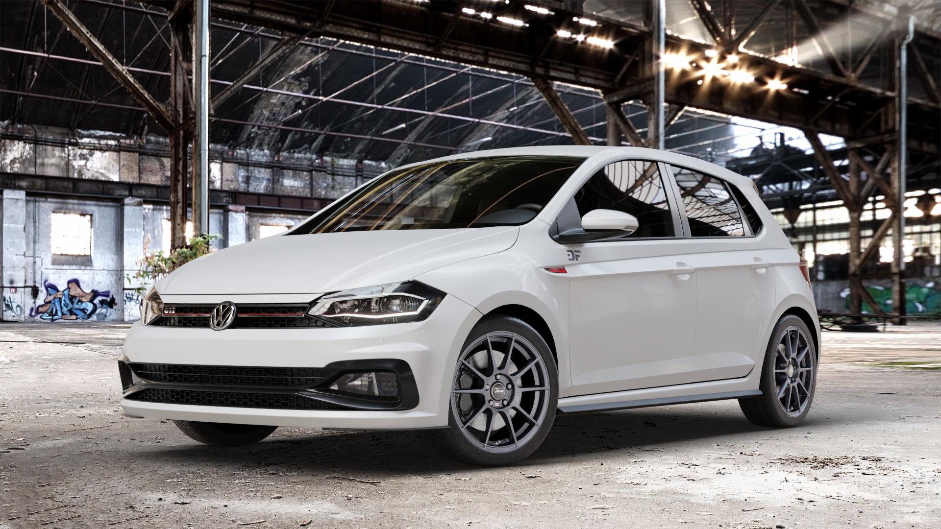 AUTEC Wizard Gunmetal matt Felge mit Reifen grau in 17Zoll Winterfelge Alufelge auf weissem Volkswagen (VW) Polo VI Typ AW 2,0l GTI 147kW (200 PS) ⬇️ mit 15mm Tieferlegung ⬇️ Old Industrial Hall_max_4400mm_2024 Frontansicht_1