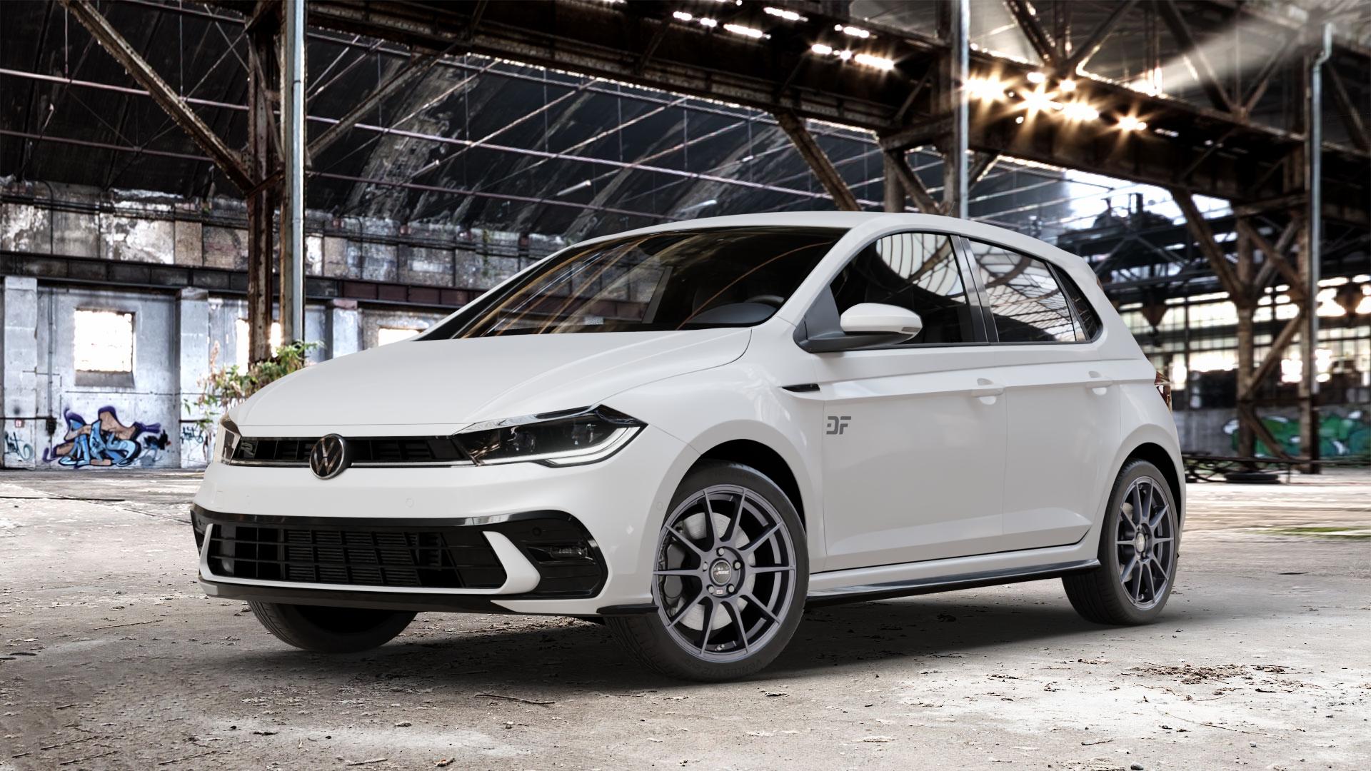 AUTEC Wizard Gunmetal matt Felge mit Reifen grau in 17Zoll Winterfelge Alufelge auf weissem Volkswagen (VW) Polo VI Typ AW Facelift 1,0l TGI 66kW (90 PS) TSI 81kW (110 70kW (95 MPI 59kW (80 ⬇️ mit 15mm Tieferlegung ⬇️ Old Industrial Hall_max_4400mm_2024 Frontansicht_1