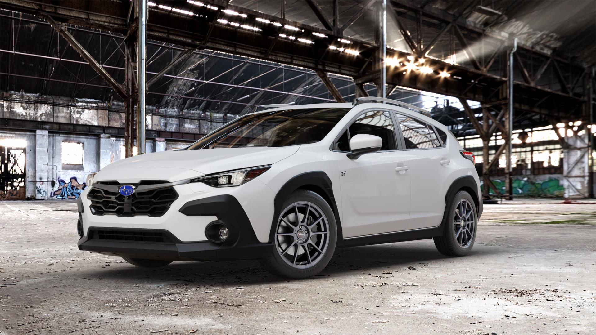 AUTEC Wizard Gunmetal matt Felge mit Reifen grau in 18Zoll Winterfelge Alufelge auf weissem Subaru Crosstrek Typ G6-SS 2,0l 100kW Mild-Hybrid AWD (136 PS) ⬇️ mit 15mm Tieferlegung ⬇️ Old Industrial Hall_max_5300mm_2024 Frontansicht_1