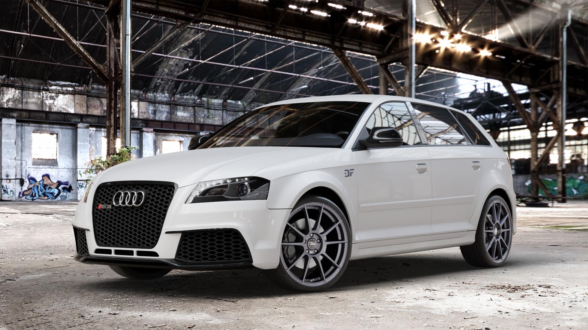 AUTEC Wizard Gunmetal matt Felge mit Reifen grau in 19Zoll Winterfelge Alufelge auf weissem Audi A3 Typ 8P (Sportback) 2,5l RS3 quattro 250kW (340 PS) ⬇️ mit 15mm Tieferlegung ⬇️ Old Industrial Hall_max_4400mm_2024 Frontansicht_1