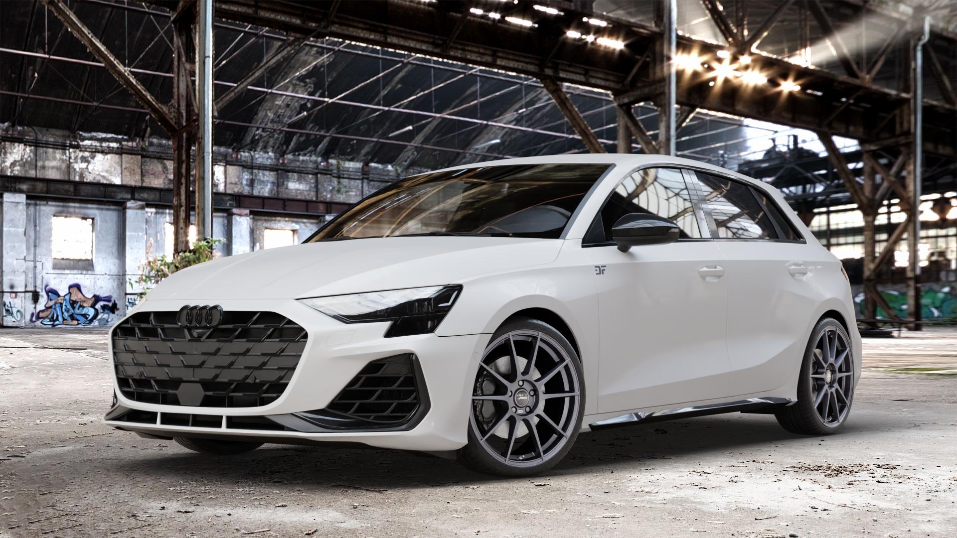AUTEC Wizard Gunmetal matt Felge mit Reifen grau in 19Zoll Winterfelge Alufelge auf weissem Audi A3 Typ GY (Sportback) Facelift 2,0l TFSI quattro 245kW S3 (333 PS) ⬇️ mit 15mm Tieferlegung ⬇️ Old Industrial Hall_max_4400mm_2024 Frontansicht_1