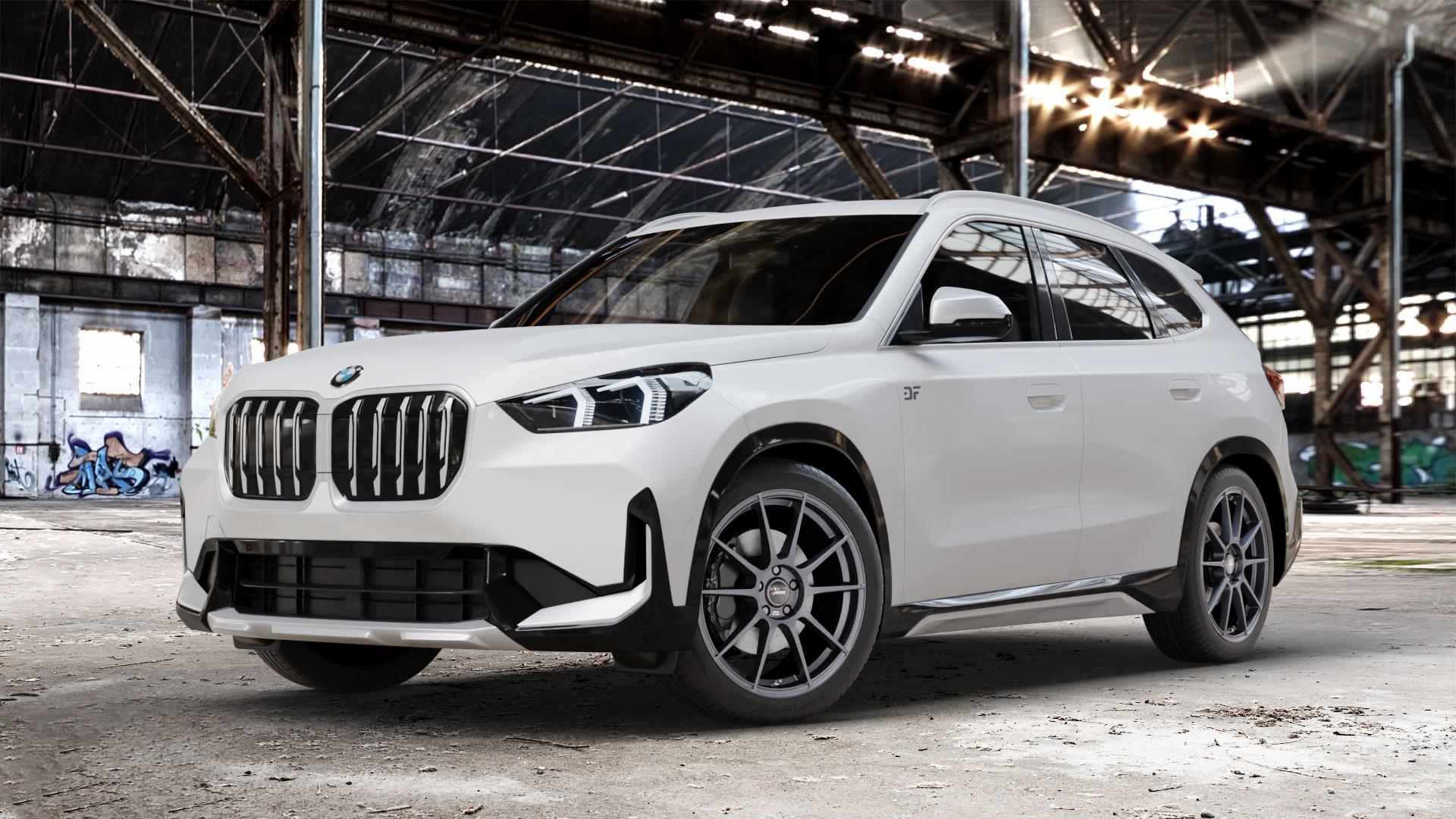 AUTEC Wizard Gunmetal matt Felge mit Reifen grau in 19Zoll Winterfelge Alufelge auf weissem BMW X1 Typ U11 (U1X) ⬇️ mit 15mm Tieferlegung ⬇️ Old Industrial Hall_max_4400mm_2024 Frontansicht_1