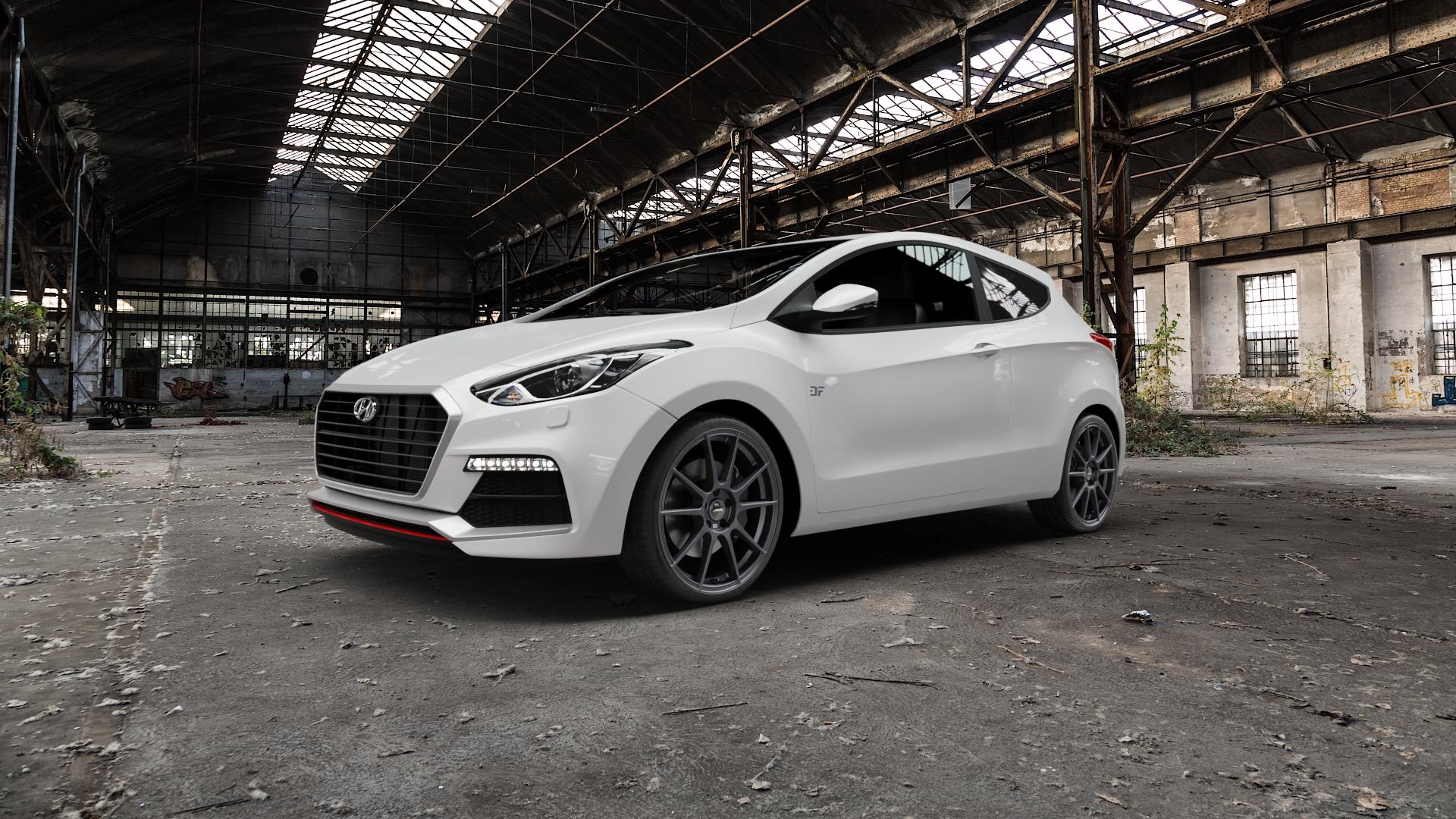 AUTEC Wizard Gunmetal matt Felge mit Reifen grau in 19Zoll Winterfelge Alufelge auf weissem Hyundai i30 Typ GDH Coupe Facelift ⬇️ mit 15mm Tieferlegung ⬇️ Old Industrial Hall_max5000mm_2022 Frontansicht_1