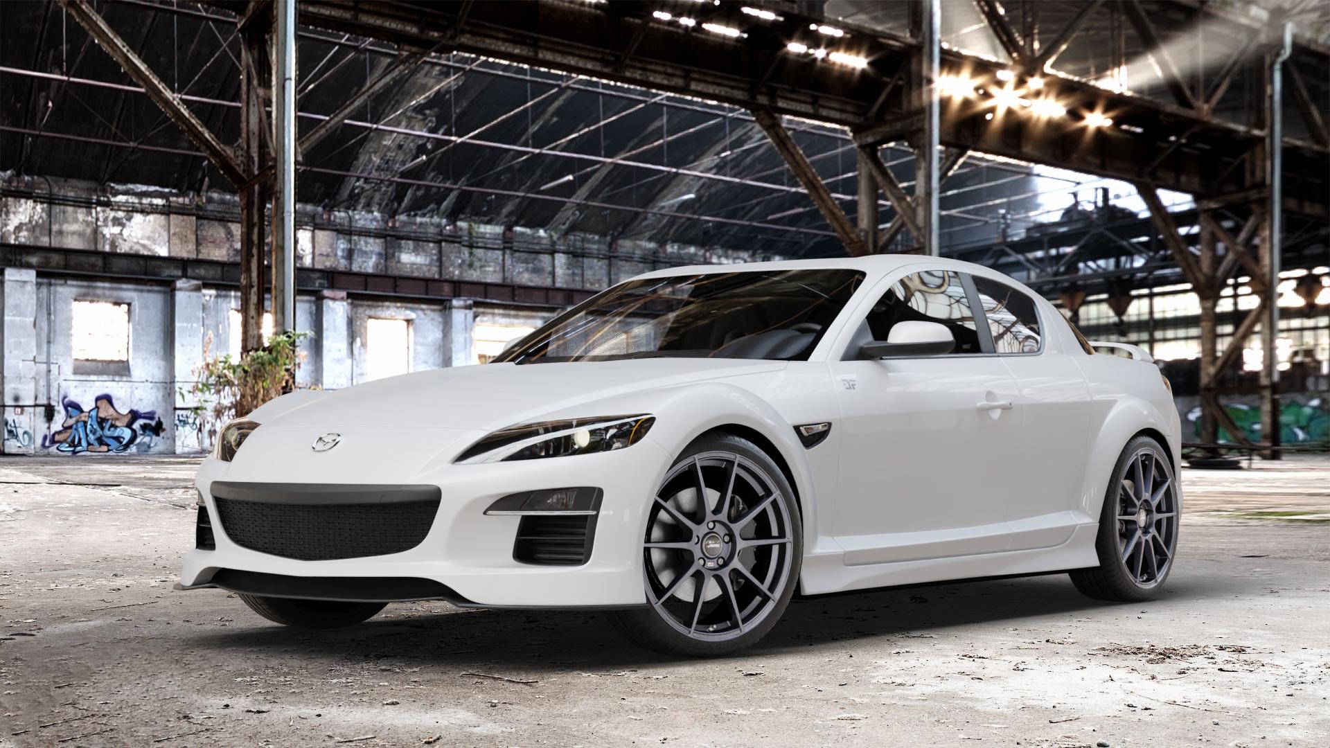 AUTEC Wizard Gunmetal matt Felge mit Reifen grau in 19Zoll Winterfelge Alufelge auf weissem Mazda RX-8 ⬇️ mit 15mm Tieferlegung ⬇️ Old Industrial Hall_max_4400mm_2024 Frontansicht_1