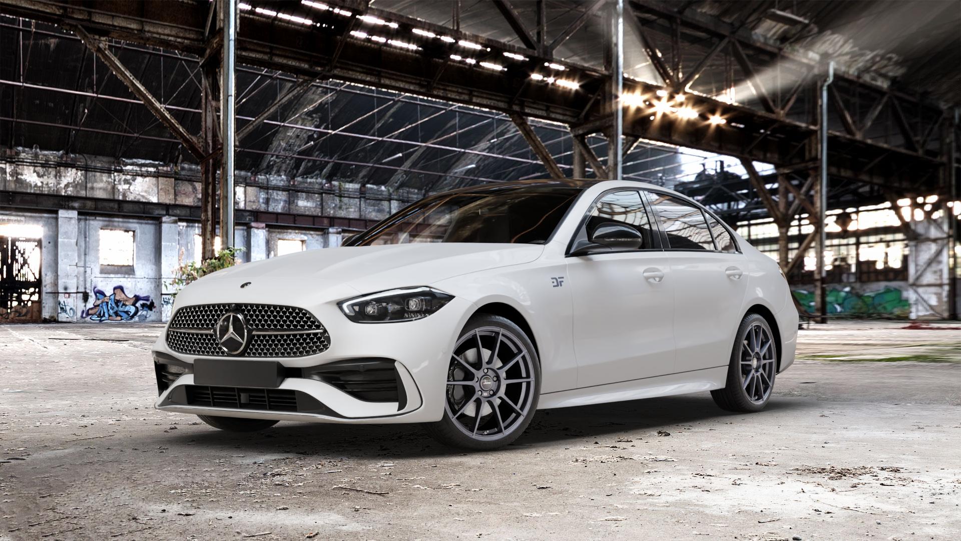 AUTEC Wizard Gunmetal matt Felge mit Reifen grau in 19Zoll Winterfelge Alufelge auf weissem Mercedes C-Klasse Typ W206 Limousine ⬇️ mit 15mm Tieferlegung ⬇️ Old Industrial Hall_max_5300mm_2024 Frontansicht_1